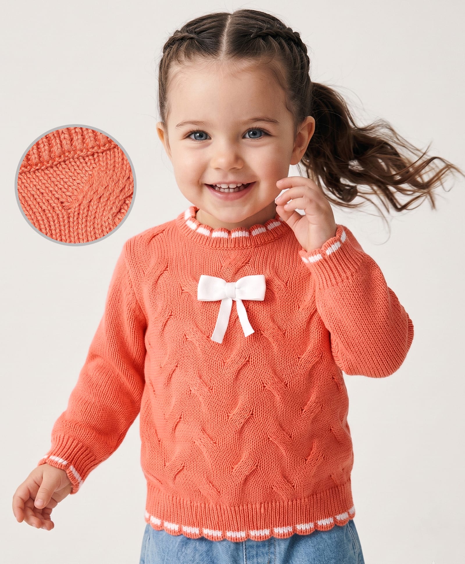Babyoye Cotton Knit Pullovers with Cable Knit Design & Bow Applique - Orange-picture-9