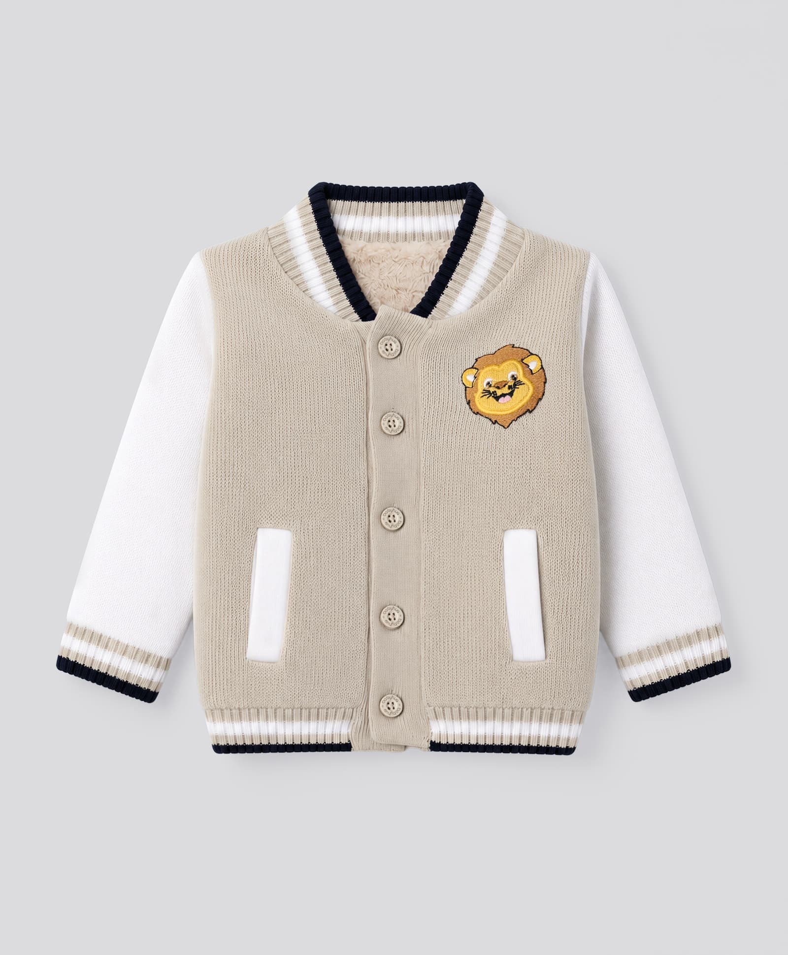 Babyhug Cotton Knit Full Sleeves Front Open Sweater with Lion Embroidery - Beige-picture-28