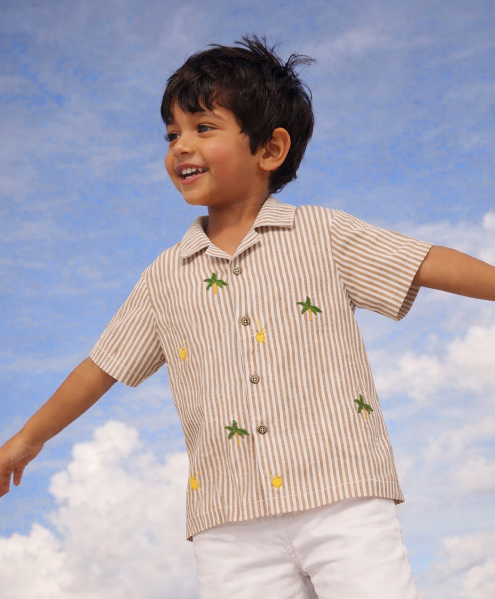 Somersault Cotton Woven Half Sleeves Striped & Tropical Theme Embroidered Shirt - Beige-picture-24