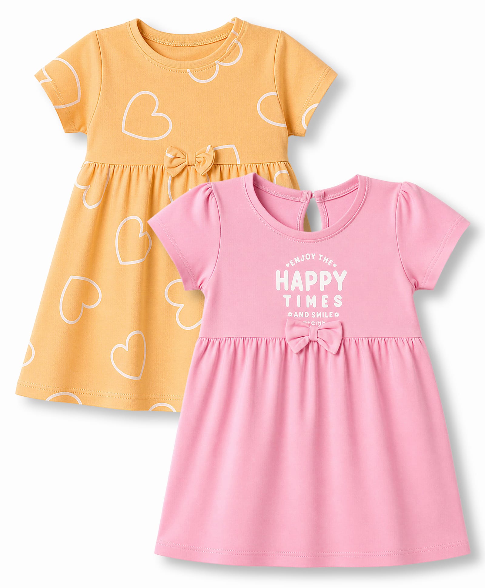 Babyhug Single Jersey Knit Half Sleeves Hearts & Text Printed Frocks With Bow Applique Pack Of 2 - Yellow & Pink-picture-20