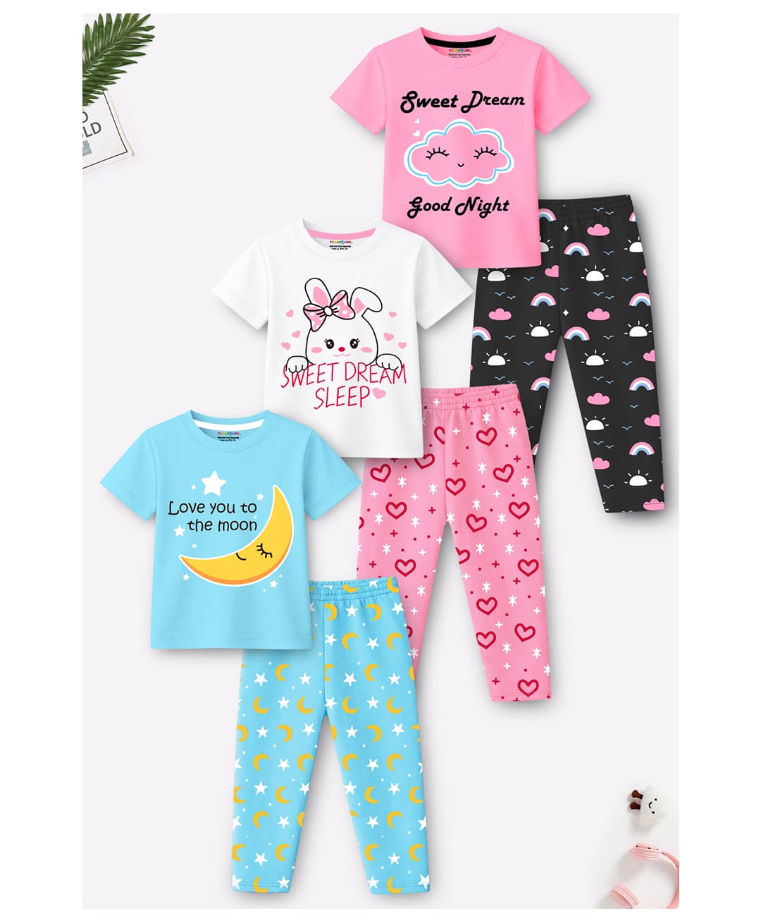 Trampoline Cotton Blend Knit Pack Of 3 Half Sleeves Cloud & Moon Printed Tees & Pajamas Night Suits - Multi Colour-image-44