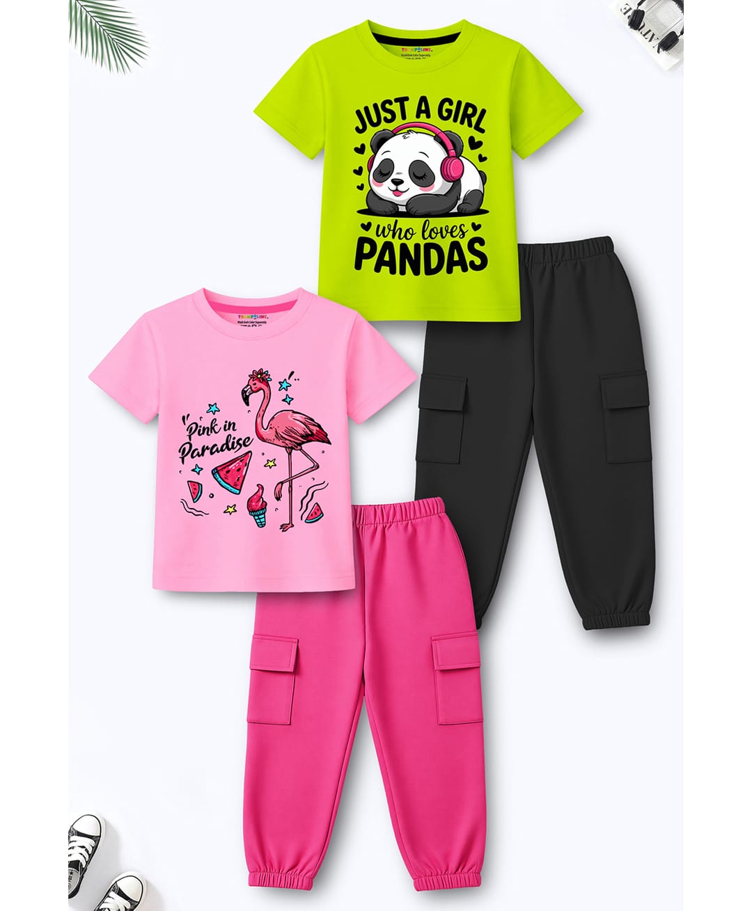 Trampoline Cotton Blend Knit Pack Of 2 Half Sleeves Flamingo & Panda Printed Tees & Joggers Sets - Multi Colour-image-17