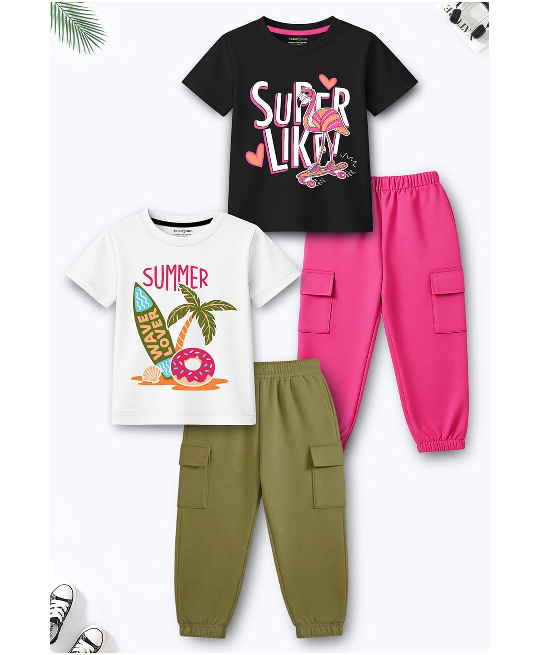 Trampoline Cotton Blend Knit Pack Of 2 Half Sleeves Super Like Text & Beach Theme Printed Tees & Joggers Sets - Multi Colour-image-27