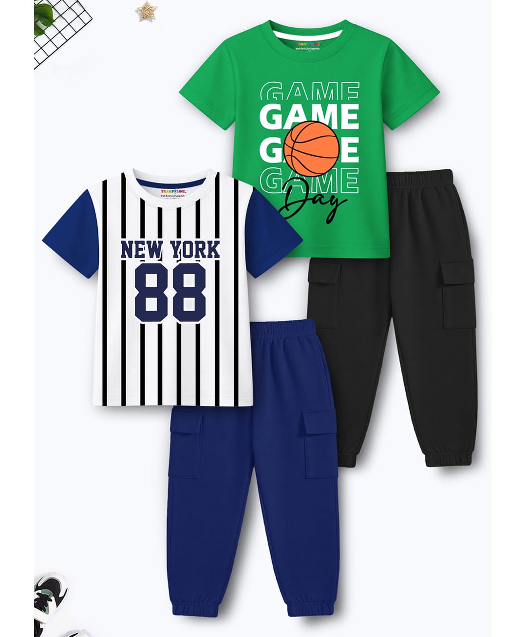 Trampoline Cotton Blend Knit Pack Of 2 Half Sleeves New York & Game Text Printed Tees & Joggers Sets - Multi Colour-image-12