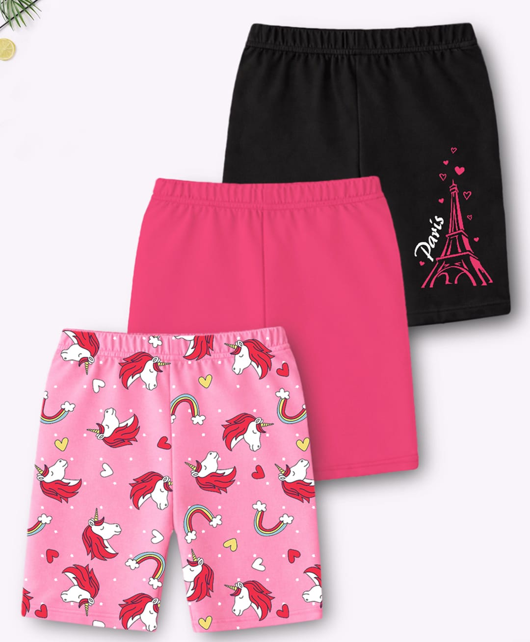 Trampoline Cotton Lycra Pack Of 3 Unicorn Printed Shorts - Pink Dark Pink & Black-image-25