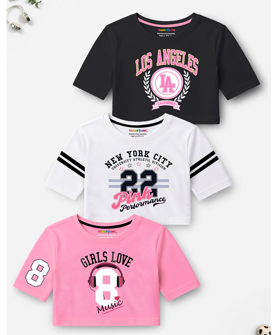 Trampoline Cotton Blend Knit Pack Of 3 Half Sleeves Los Angeles & New York City Text Printed Crop Tops - Pink Black & White-image-49
