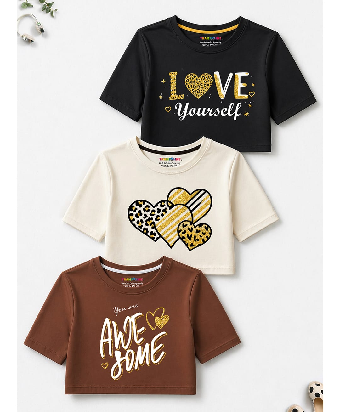 Trampoline Cotton Blend Knit Pack Of 3 Half Sleeves Hearts & Love Text Printed Crop Tops - Brown Black & Off White-image-39