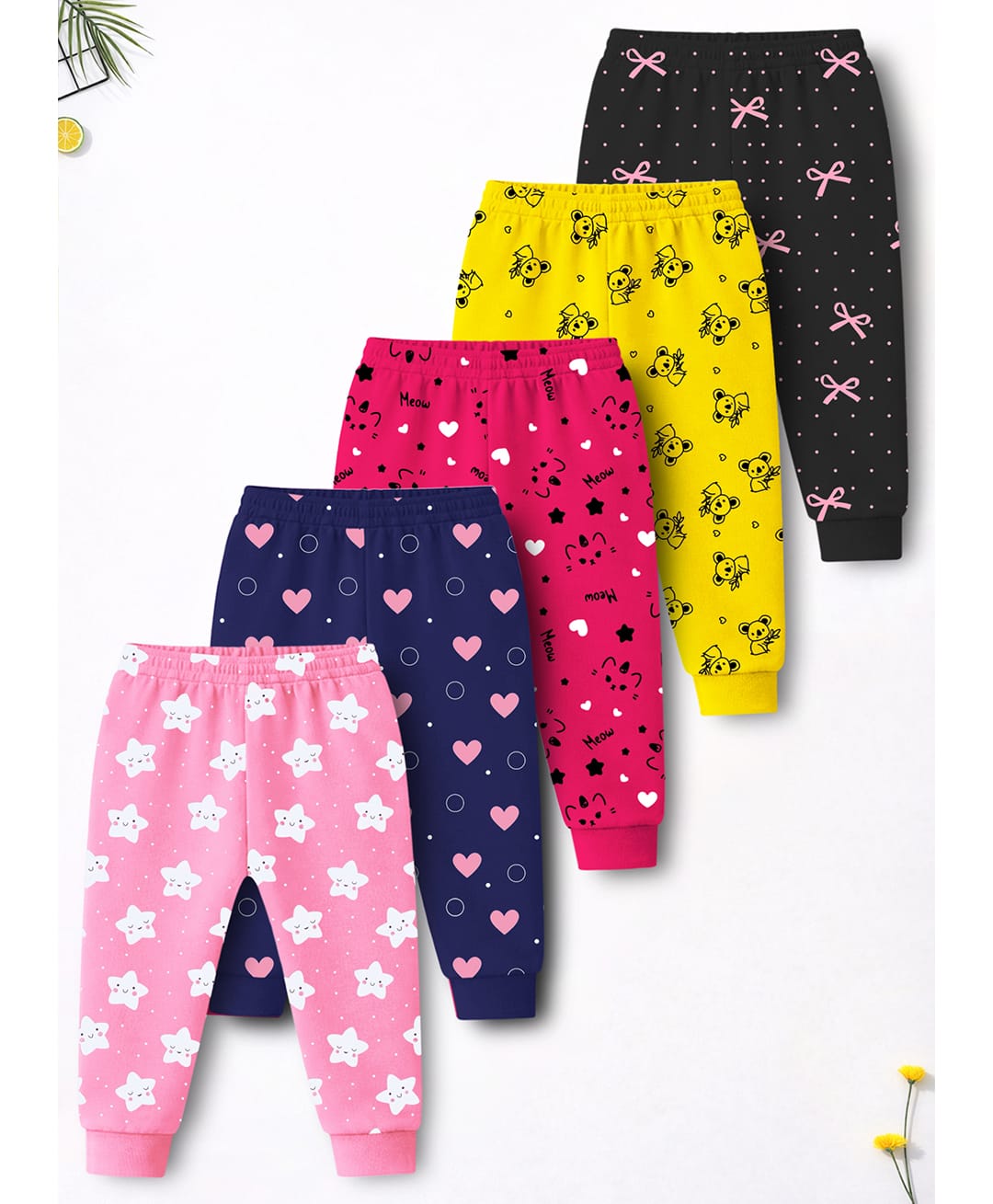 Trampoline Cotton Blend Knit Pack Of 5 Heart & Star Printed Pajamas - Multi Colour-image-26