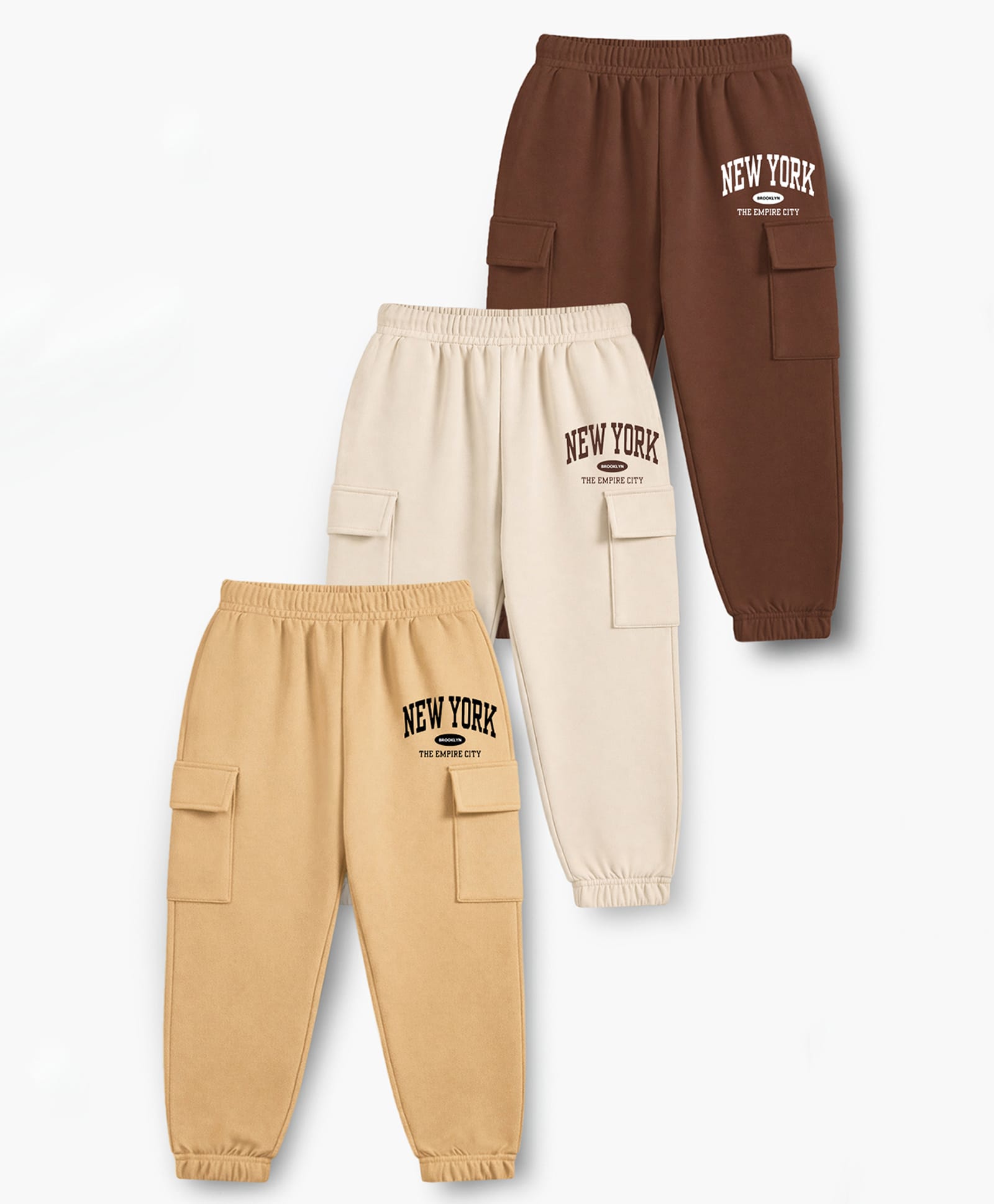 Trampoline Cotton Blend Knit Pack Of 3 New York Text Printed Cargo Style Joggers - Cream Beige & Brown-image-9