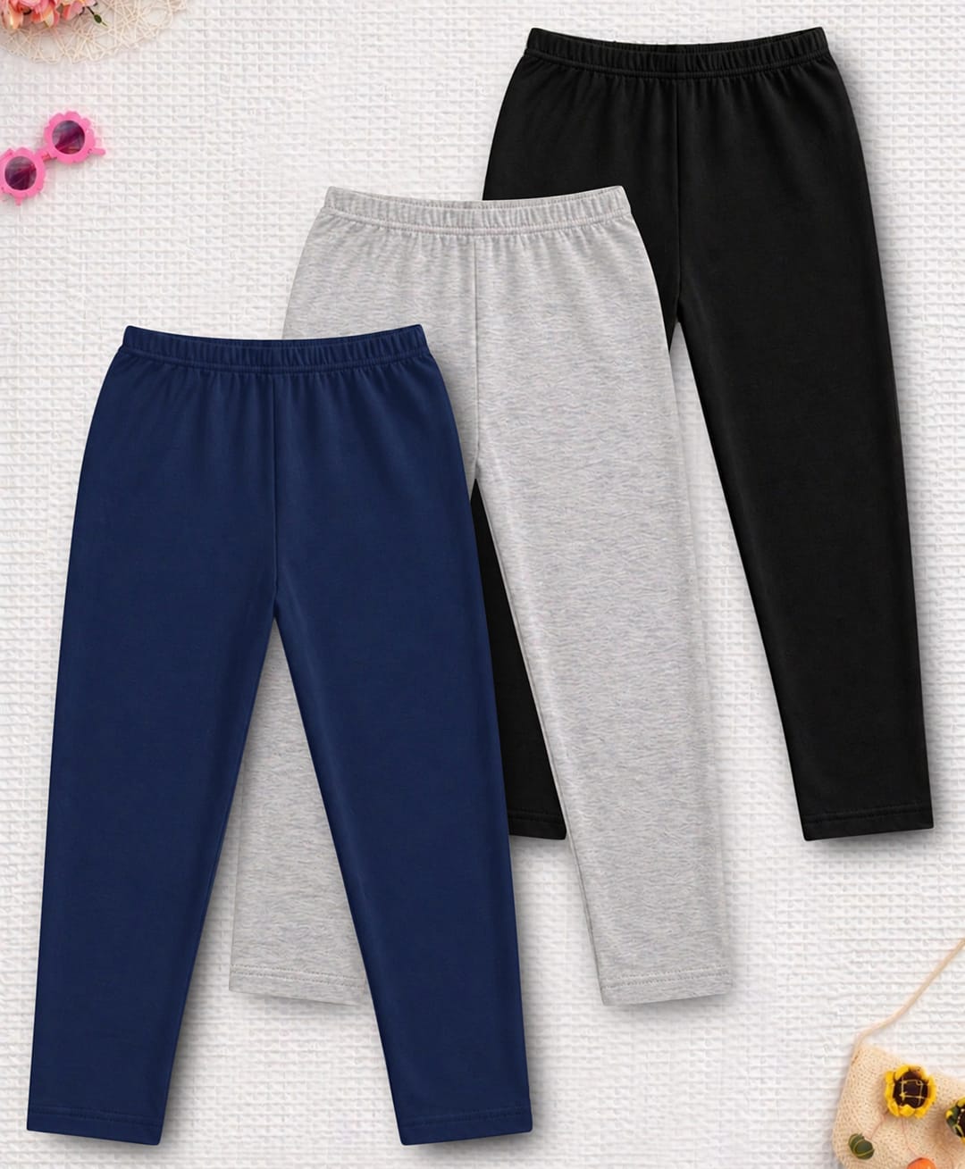 Trampoline Cotton Lycra Knit Pack Of 3 Solid Leggings - Navy Blue Black & Grey-picture-13