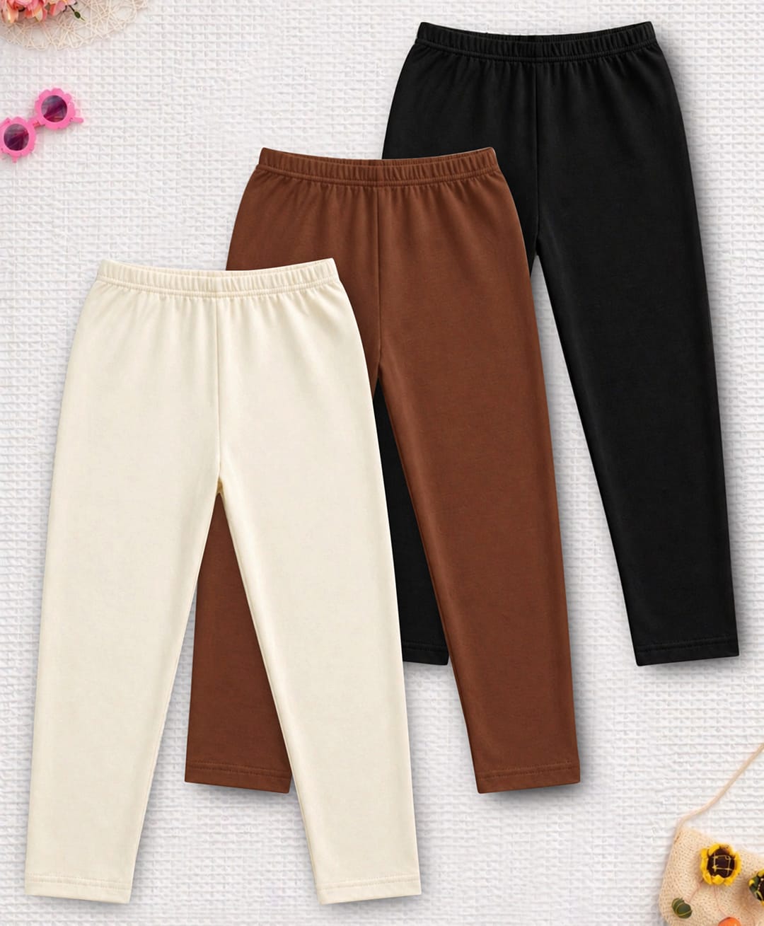 Trampoline Cotton Lycra Knit Pack Of 3 Solid Leggings - Beige Black & Brown-picture-14