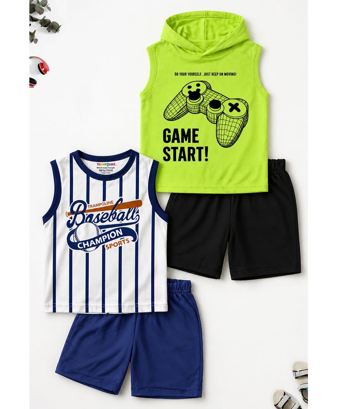 Trampoline Cotton Blend Knit Pack Of 2 Sleeveless Controller & Basketball Printed Tees & Shorts Set - Blue & Green-image-6