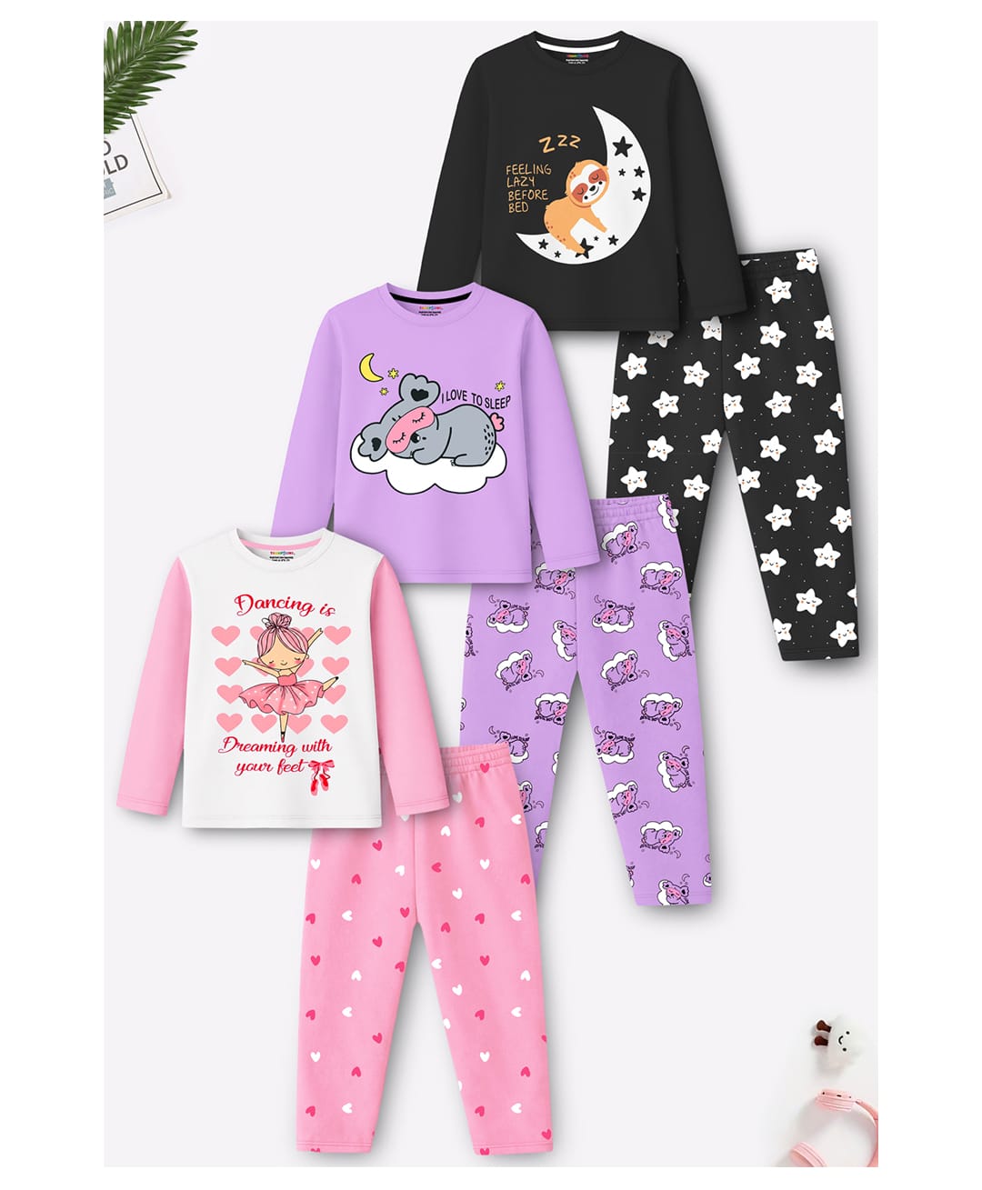 Trampoline Cotton Blend Knit Pack Of 3 Half Sleeves Koala & Moon Printed Tees & Pajamas Night Suits - Multi Colour-image-39