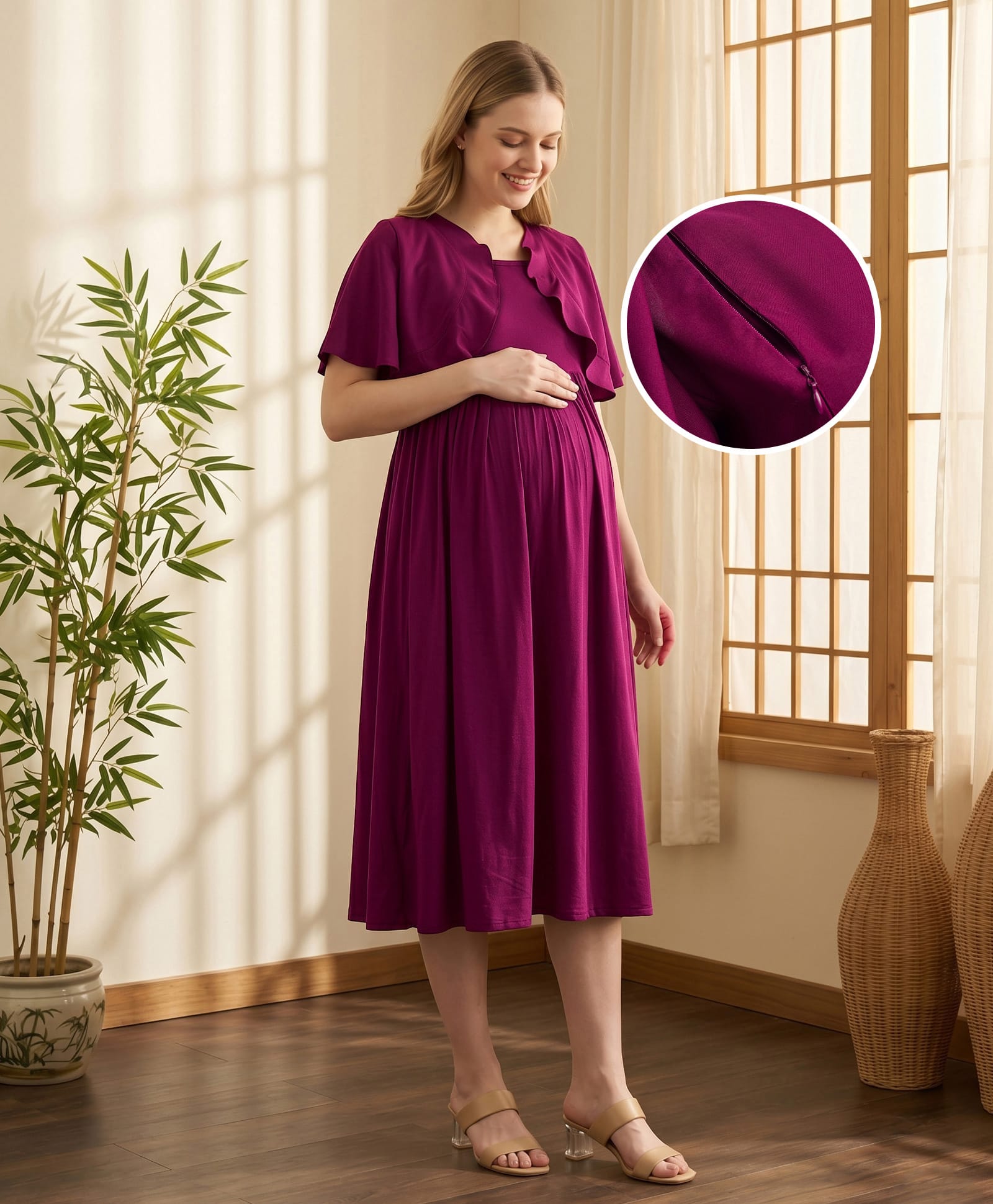Bella Mama Woven Short Sleeve Solid Colour Mock Shrug Maternity Dress - Wine-image-7