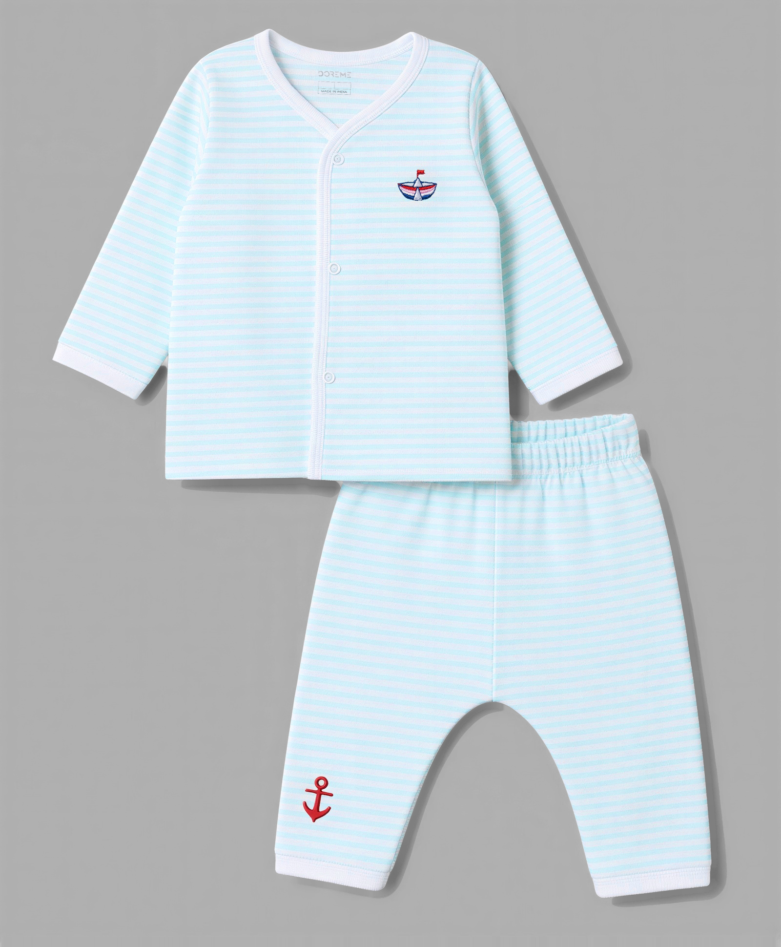 Doreme Single Jersey Knit Full Sleeves Striped T-Shirt & Pajama Night Suit with Boat Embroidered - Light Blue-image-48