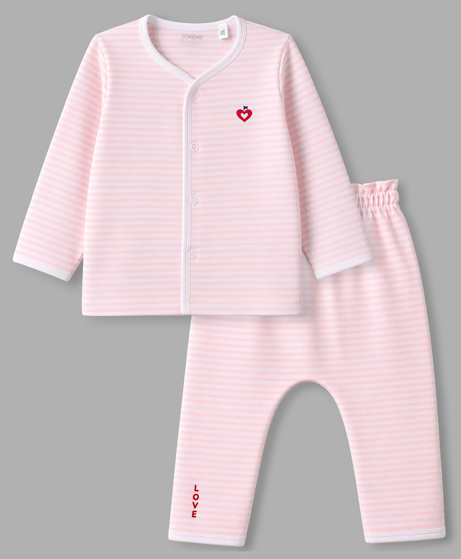 Doreme Single Jersey Knit Full Sleeves Striped & Hearts Embroidered T-Shirt & Pyjama Night Suit - Light Red-image-13