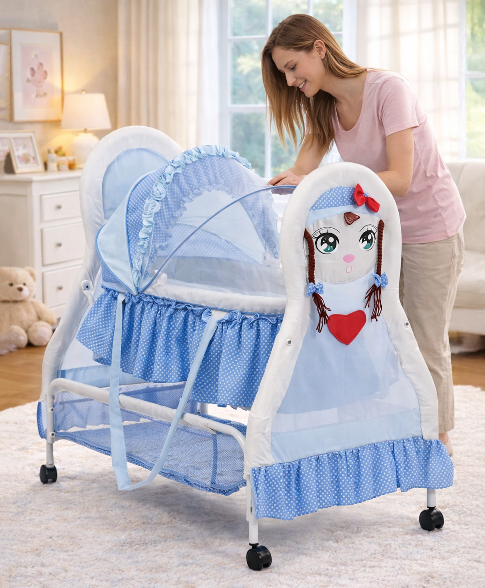 Girl Print Cradle With Mosquito Net and Swing Lock function - Light Blue