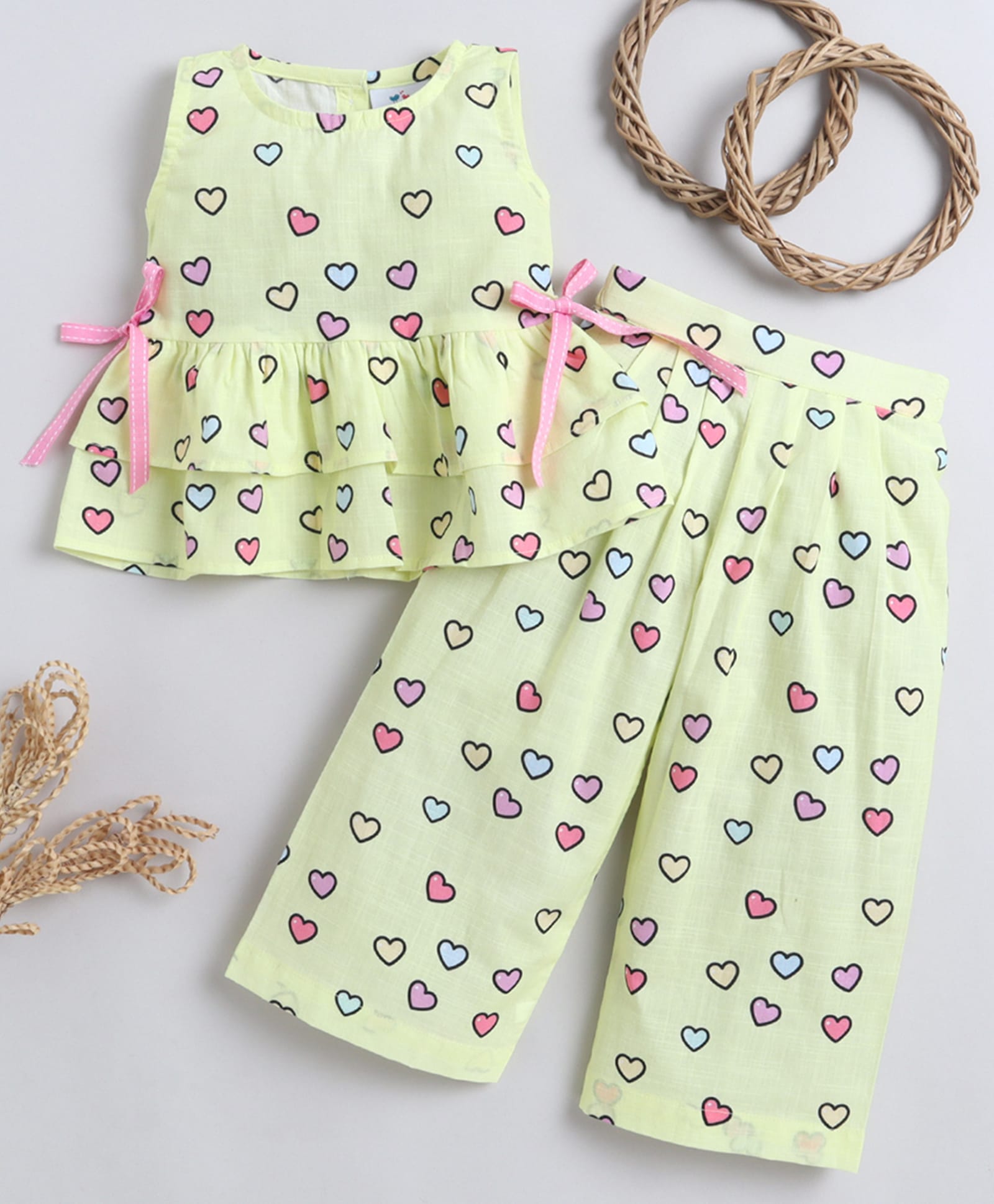 Knitting Doodles Cotton Woven Sleeveless Hearts Printed Coordinating Layered Top & Pants Set - Yellow-picture-25