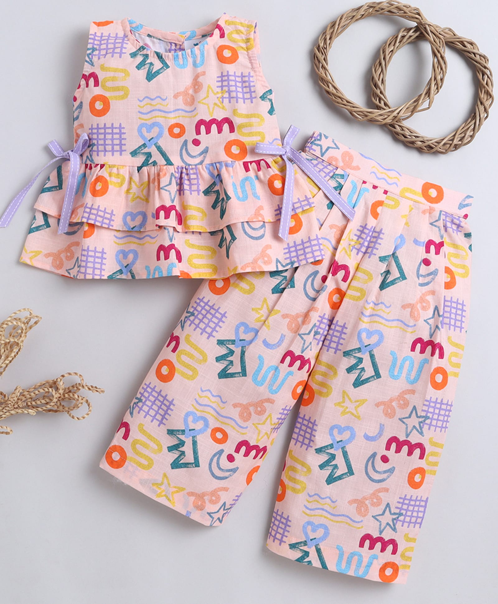 Knitting Doodles Cotton Woven Sleeveless Abstract Printed Coordinating Layered Top & Pants Set - Peach-image-15