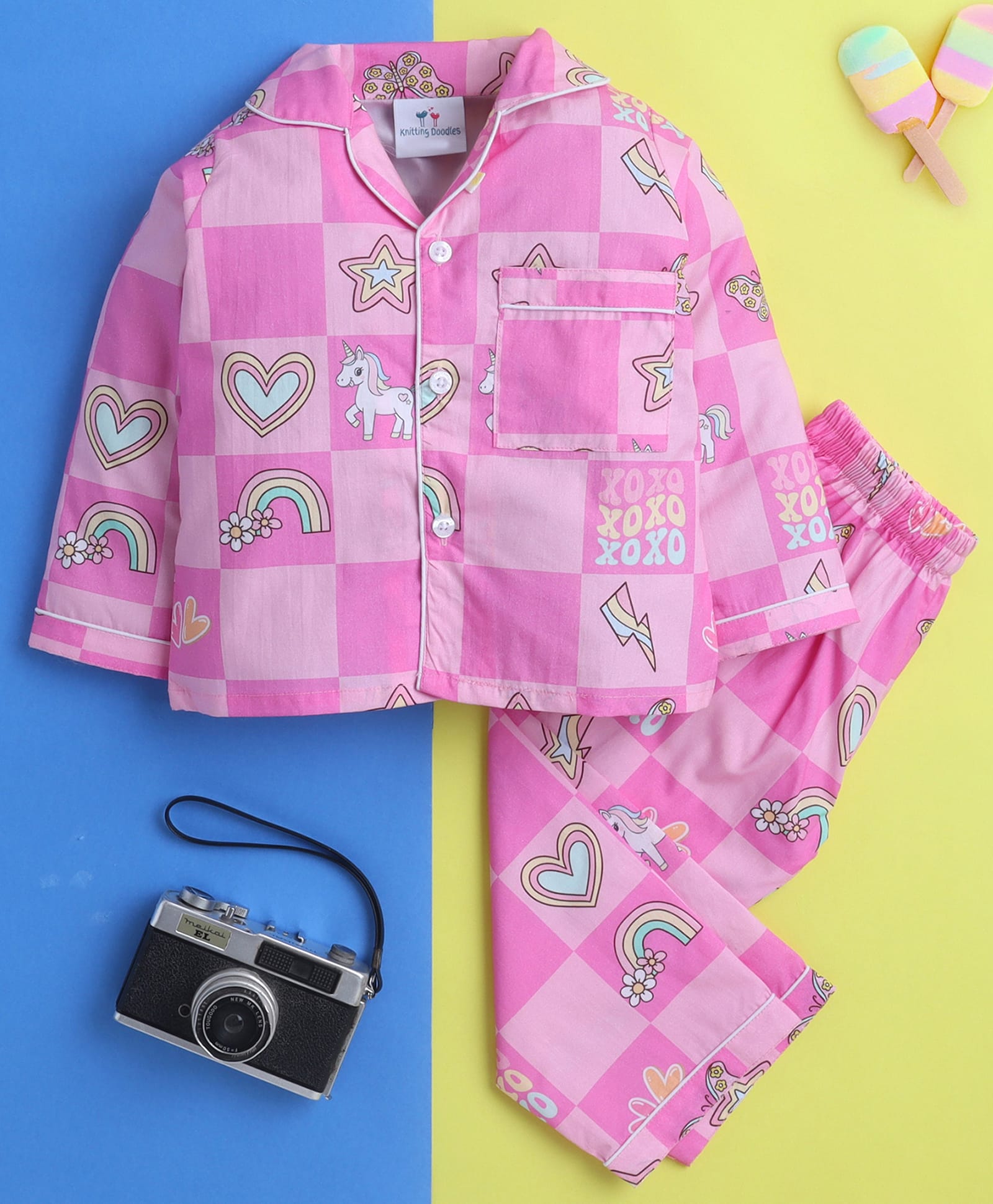 Knitting Doodles Pure Cotton Woven Full Sleeves Checked Unicorn & Hearts Printed Coordinating Shirt & Pant Night Suit - Pink-picture-2