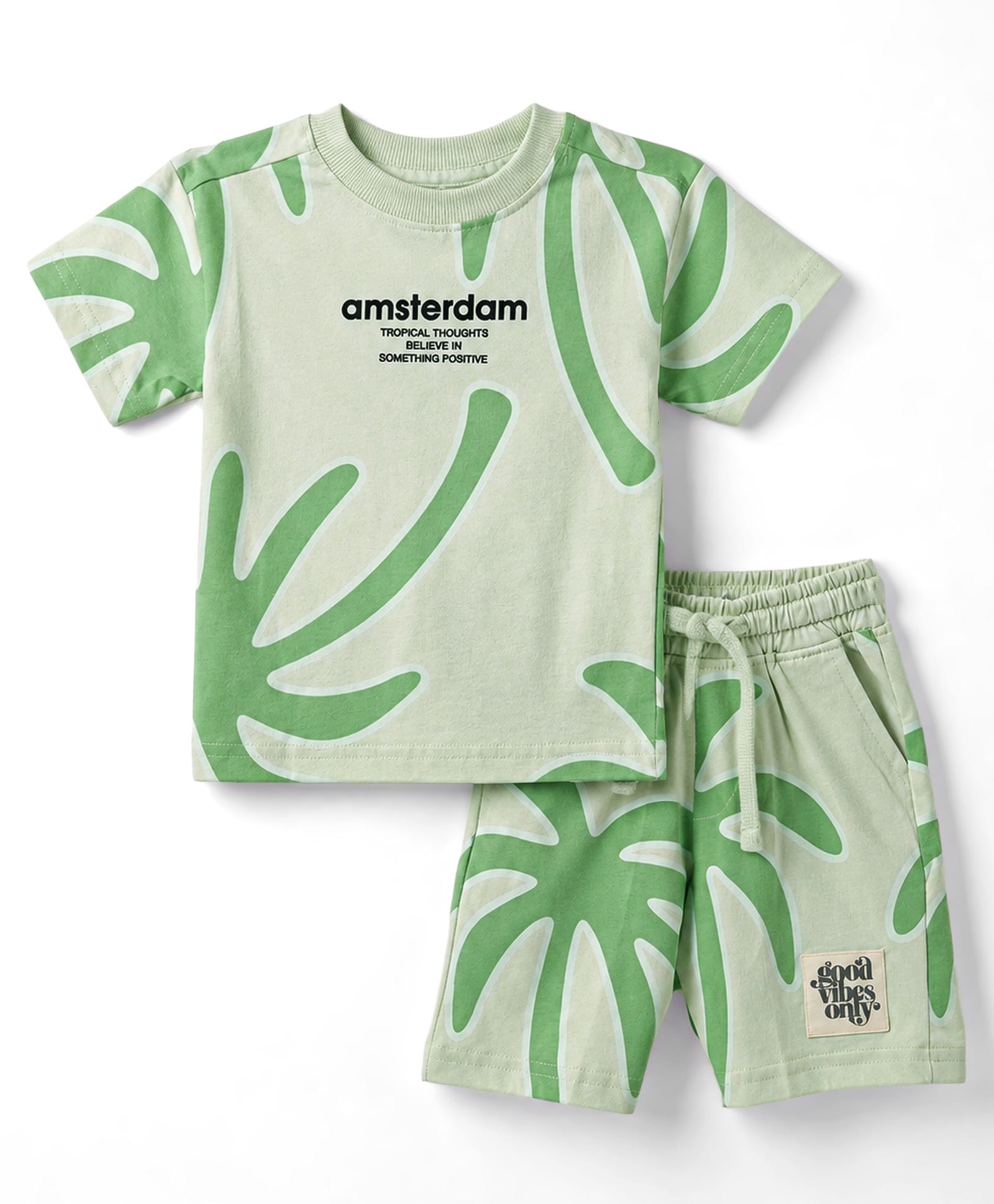 Doreme Single Jersey Knitted Half Sleeves T-Shirt & Short Co-ord Set With Tropical Print - Light Green-picture-26