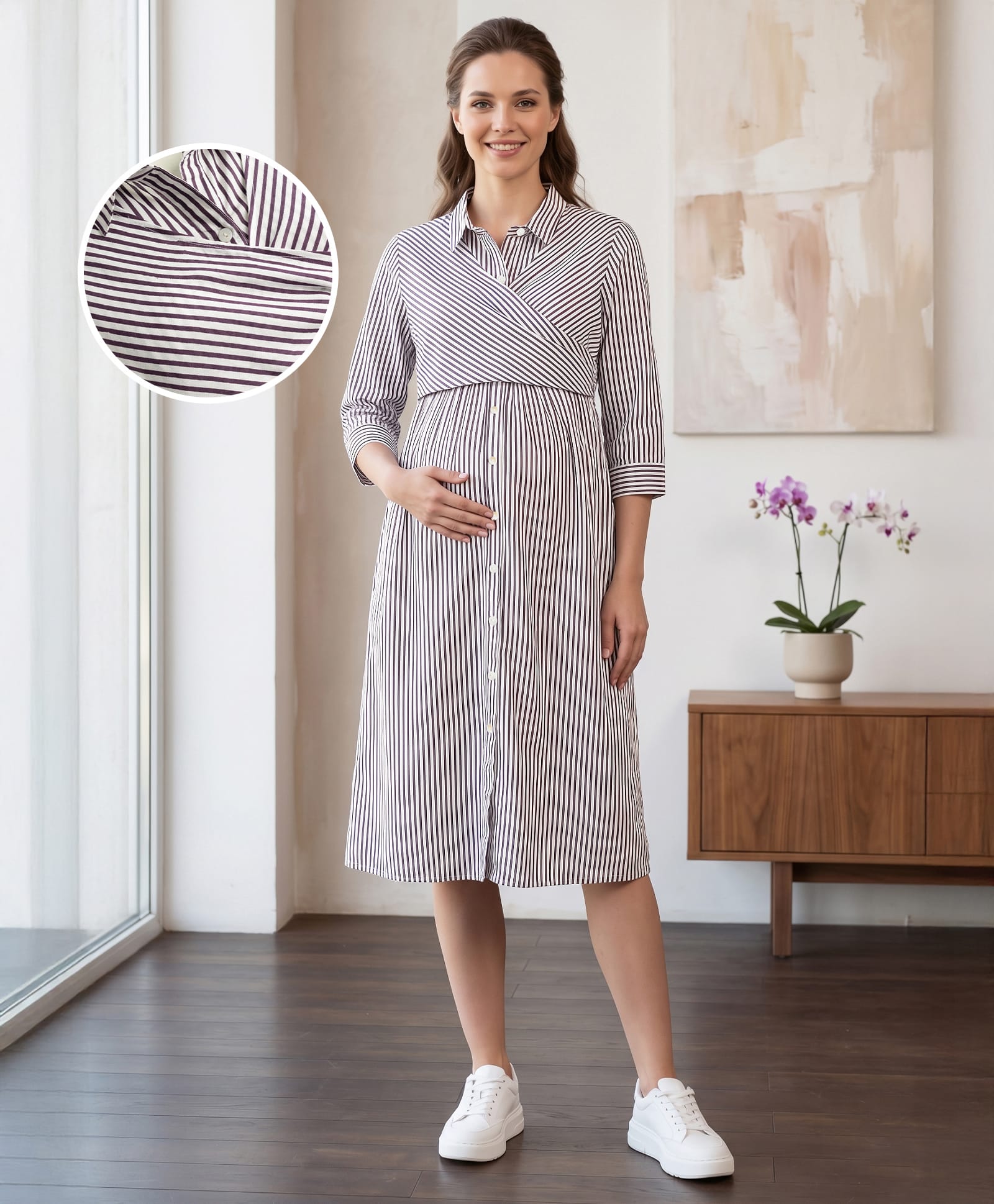BELLA MAMA Viscose Woven Three Forth Sleeves Striped Maternity Over Lapping Shirt Dress - Wine & White-image-34