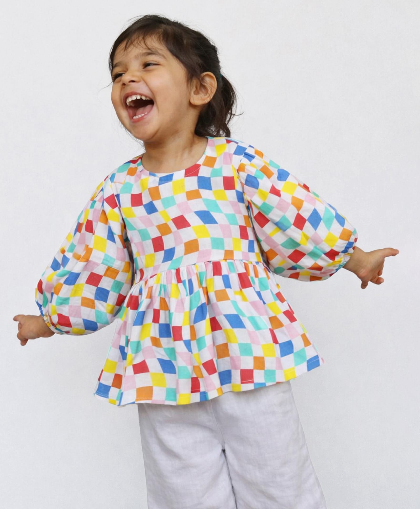 Somersault Cotton Woven Three Fourth Puffed Sleeves Checked Top - Multi Colour-picture-37