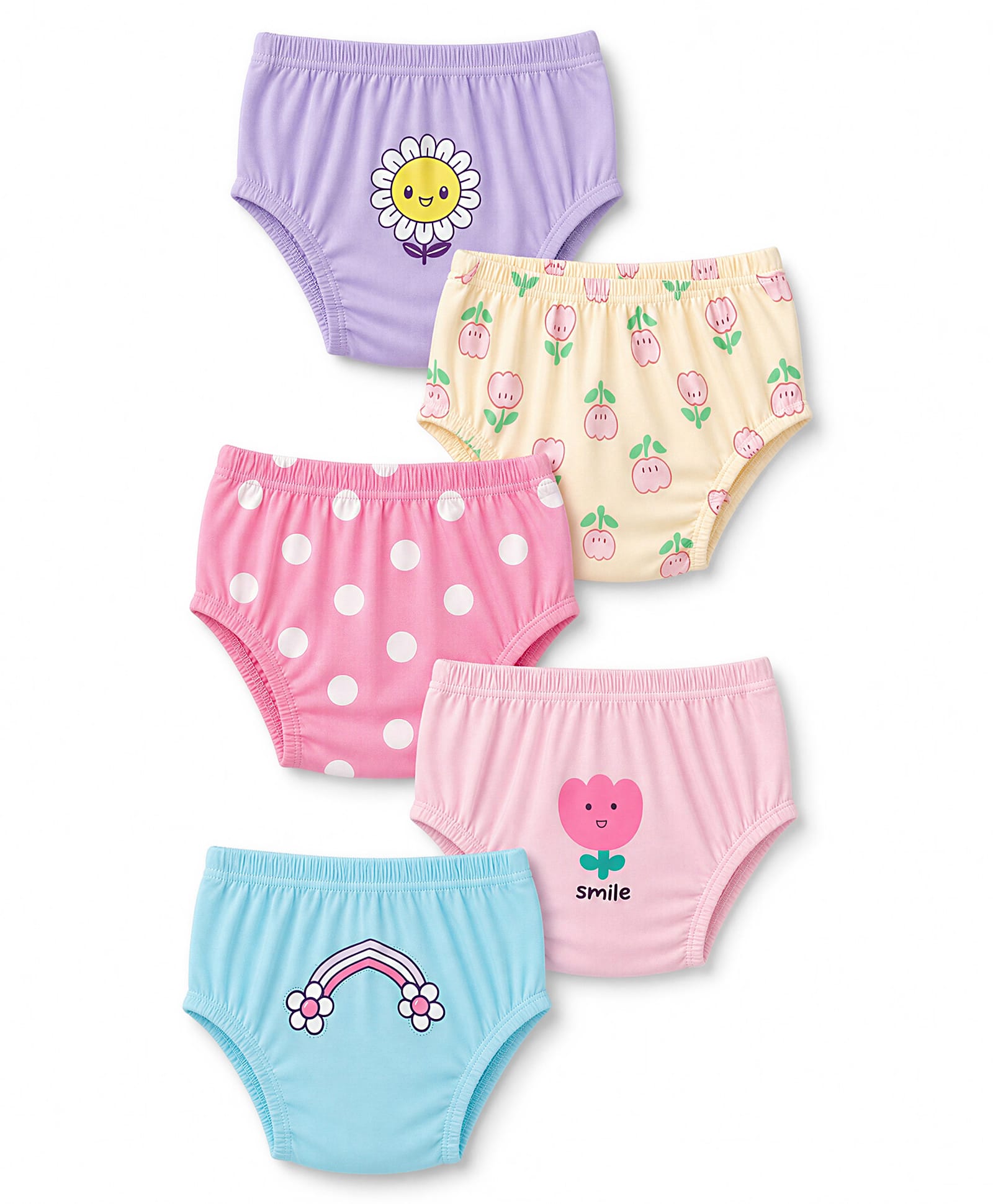 Doodle Poodle 100% Cotton Single Jersey Knit Floral & Rainbow Printed Panties Pack of 5 - Lavender Pink & Blue-image-13