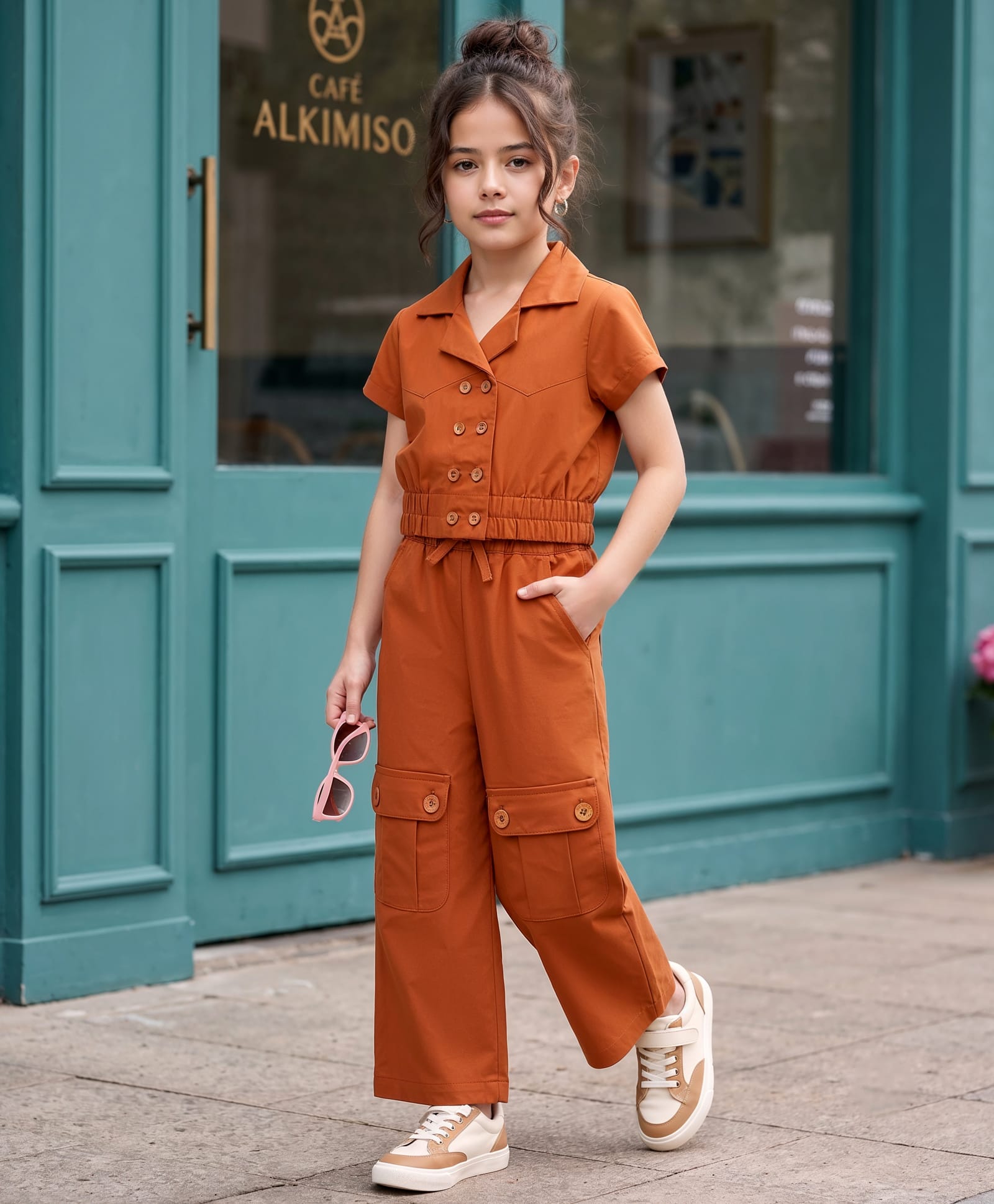 OLLINGTON ST. Twill Woven Half Sleeves Solid Colour Co-Ords Top & Pant Set - Rust Orange-image-20