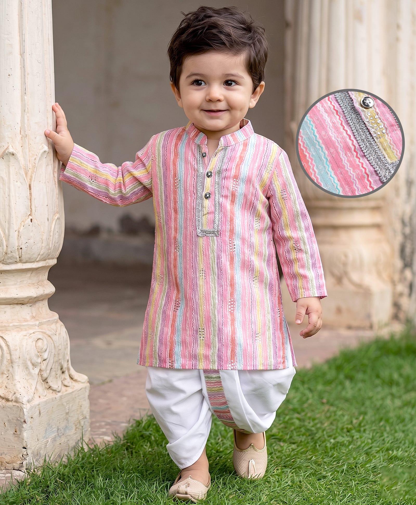 EARTHY TOUCH Cotton Metallic Woven Full Sleeves Chevron Striped Dhoti Kurta Set - Pink-image-32