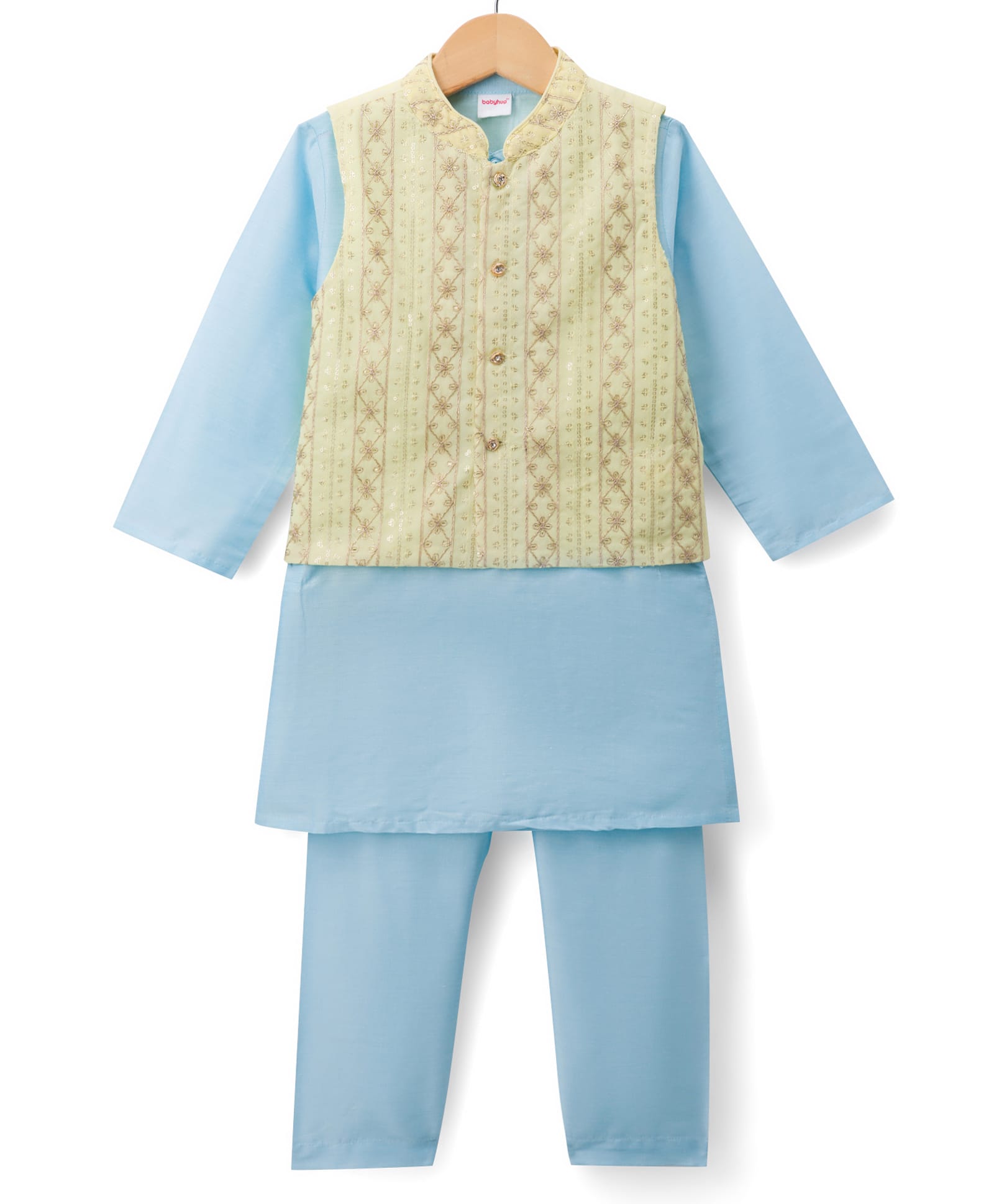 Babyhug Woven Full Sleeves Solid Colour Kurta Pajama Set with Sequinned & Embroidered Nehru Jacket - Aqua Blue-image-42