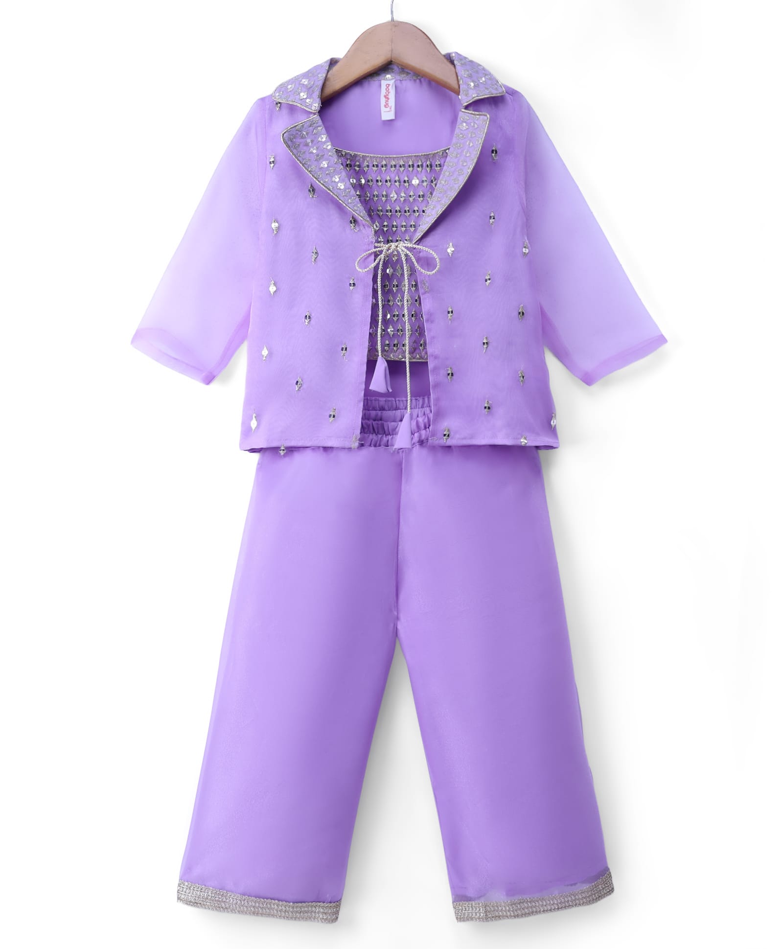 Babyhug Organza Woven Embroidered Top and Palazo with Three Fourth Sleeves Jacket - Lavender-picture-15