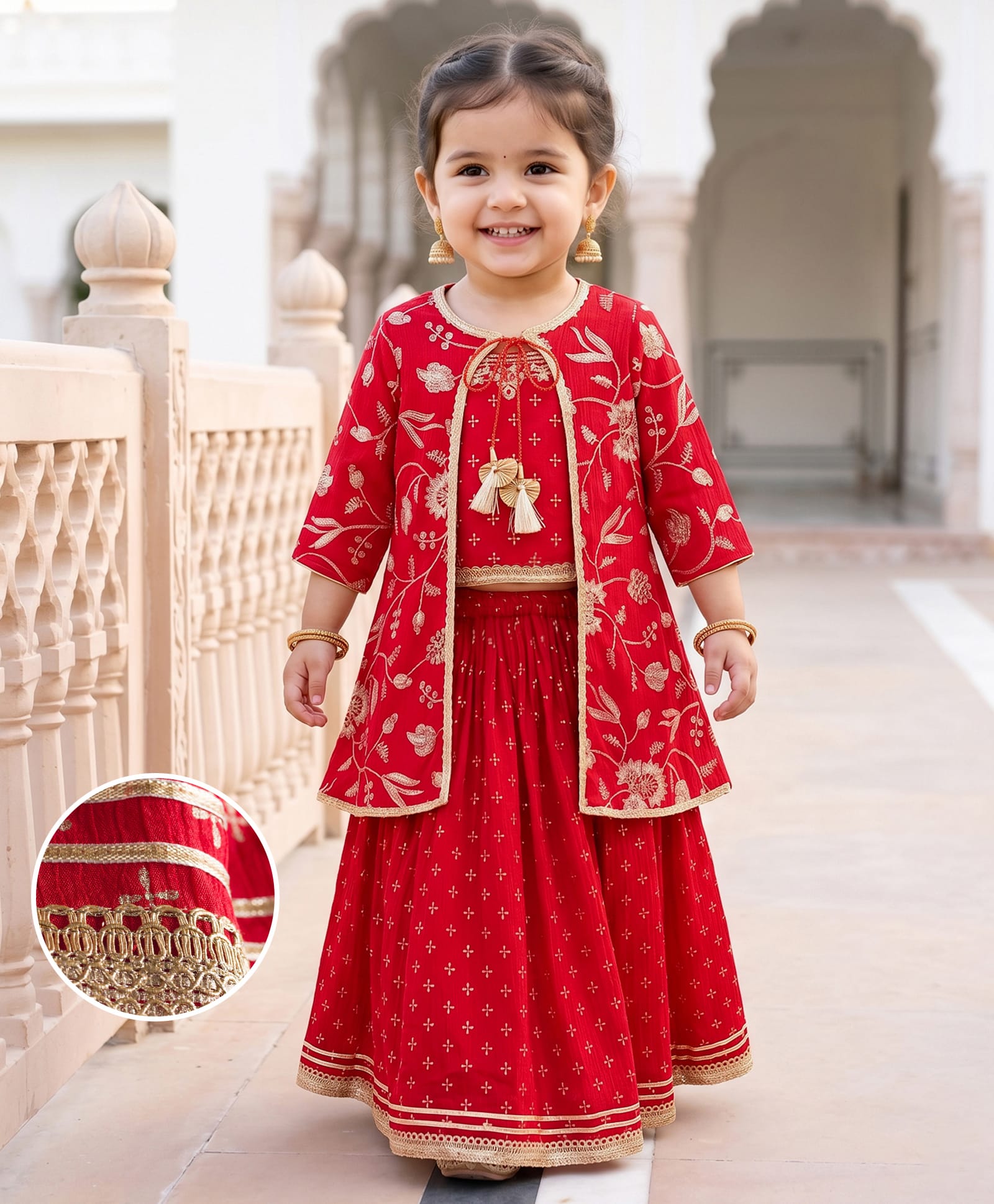 Babyhug Georgette Woven Smocked Choli Lehenga Set with Three Fourth Sleeves Embroidered Jacket - Red-image-42
