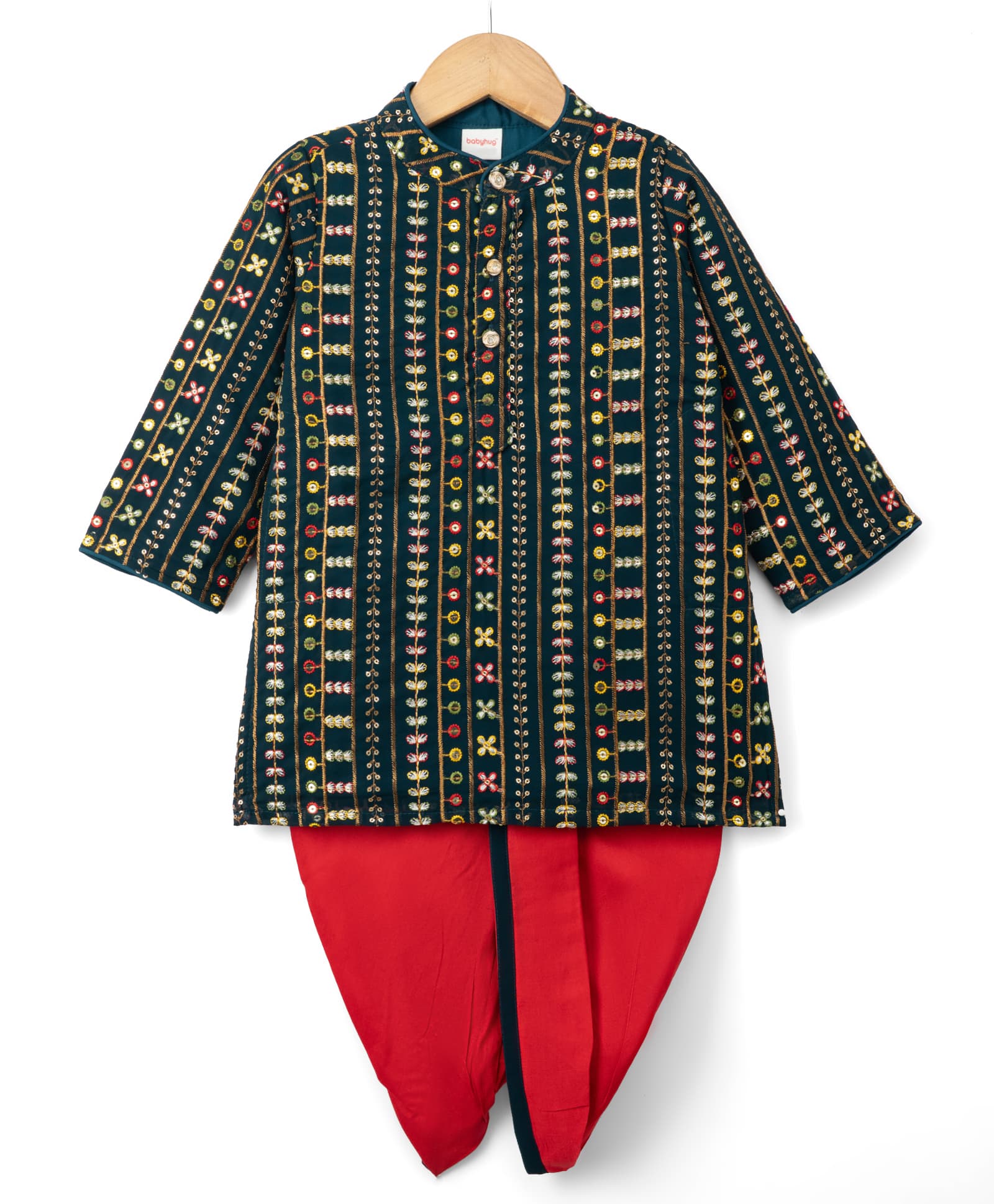 Babyhug Georgette Woven Floral Embroidery Full Sleeves Kurta Dhoti Set - Navy & Red-image-1