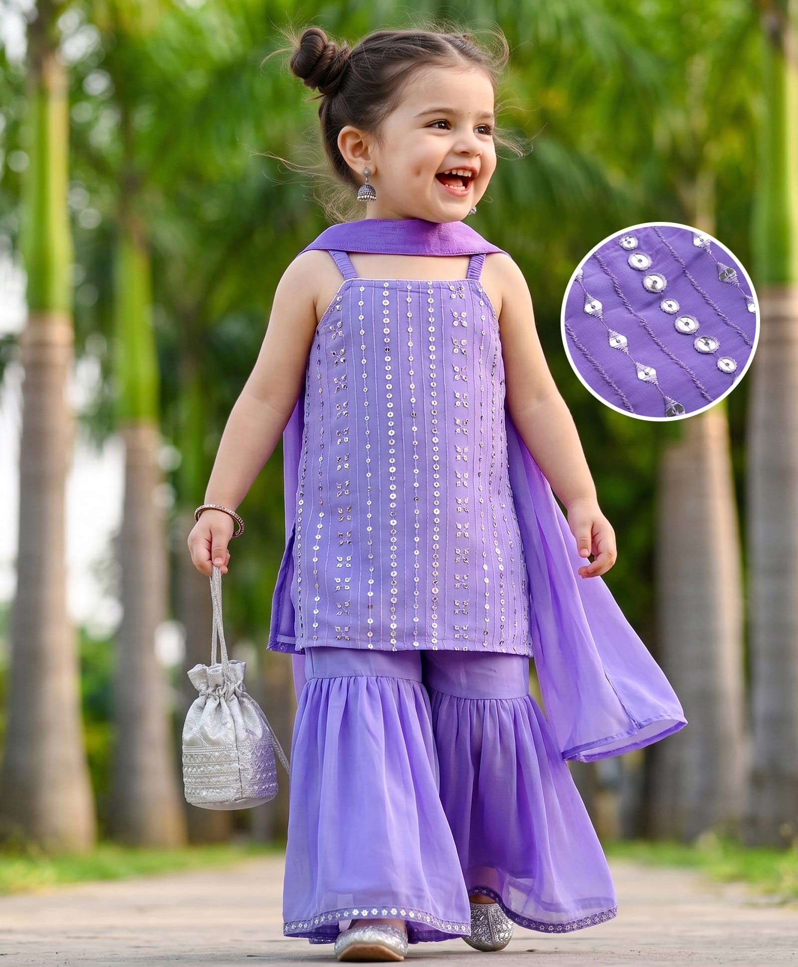 Babyhug Georgett Woven Sleeveless Sequinned Kurta Gharara Set With Dupatta - Purple-image-19
