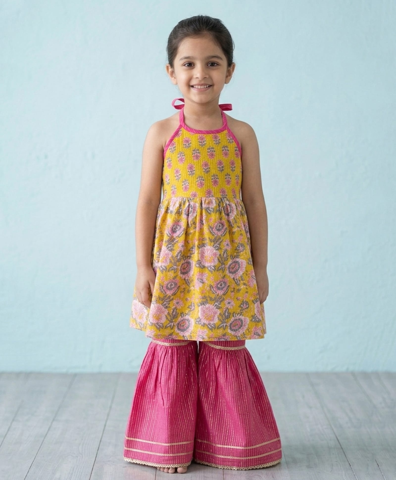 Kinder Kids Cotton Woven Sleeveless Floral Printed Kurti & Sharara Set - Yellow & Pink-image-17