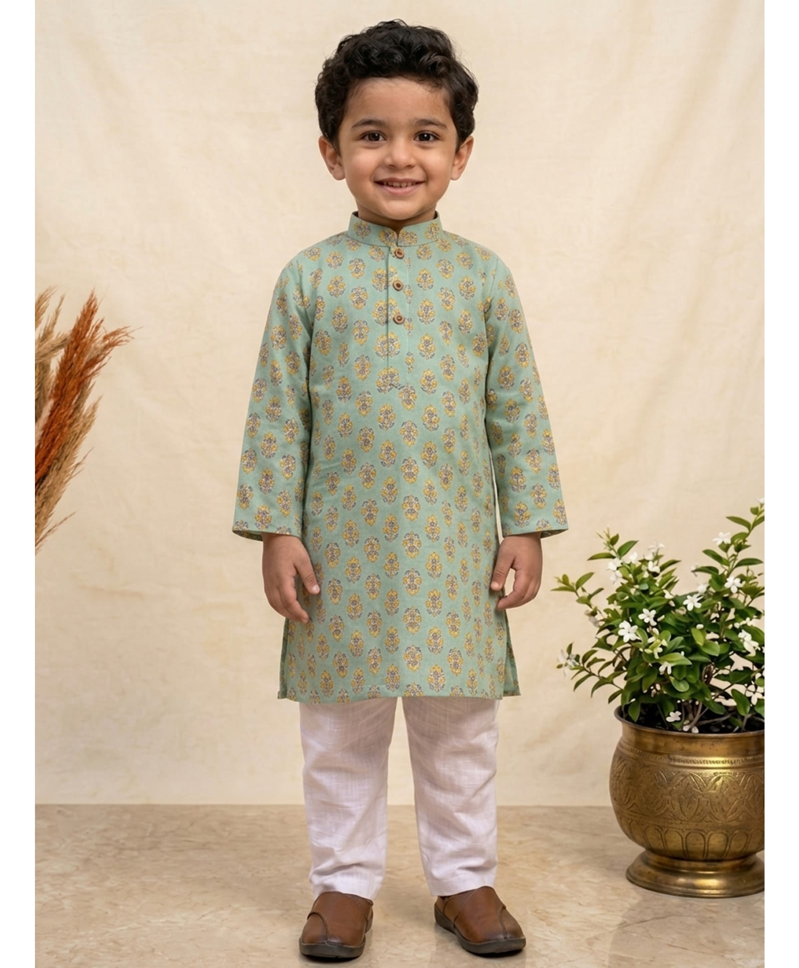 Kinder Kids Cotton Woven Full Sleeves Floral Printed Kurta & Pyjama Set - Green & White-picture-23