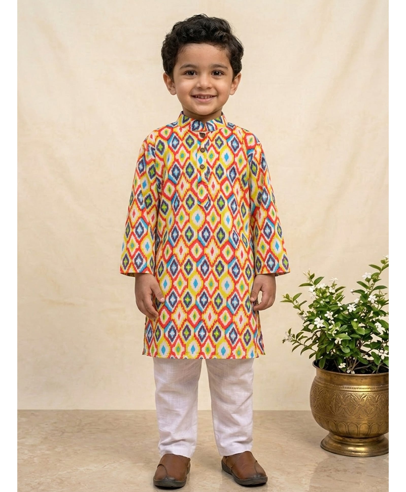 Kinder Kids Cotton Woven Full Sleeves Abstract Printed Kurta & Pyjama Set - Yellow & White-image-35