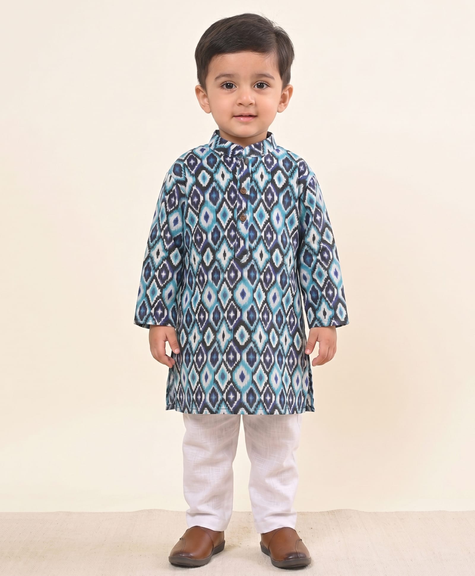 Kinder Kids Cotton Woven Full Sleeves Abstract Printed Kurta & Pyjama Set - Blue & White-picture-13