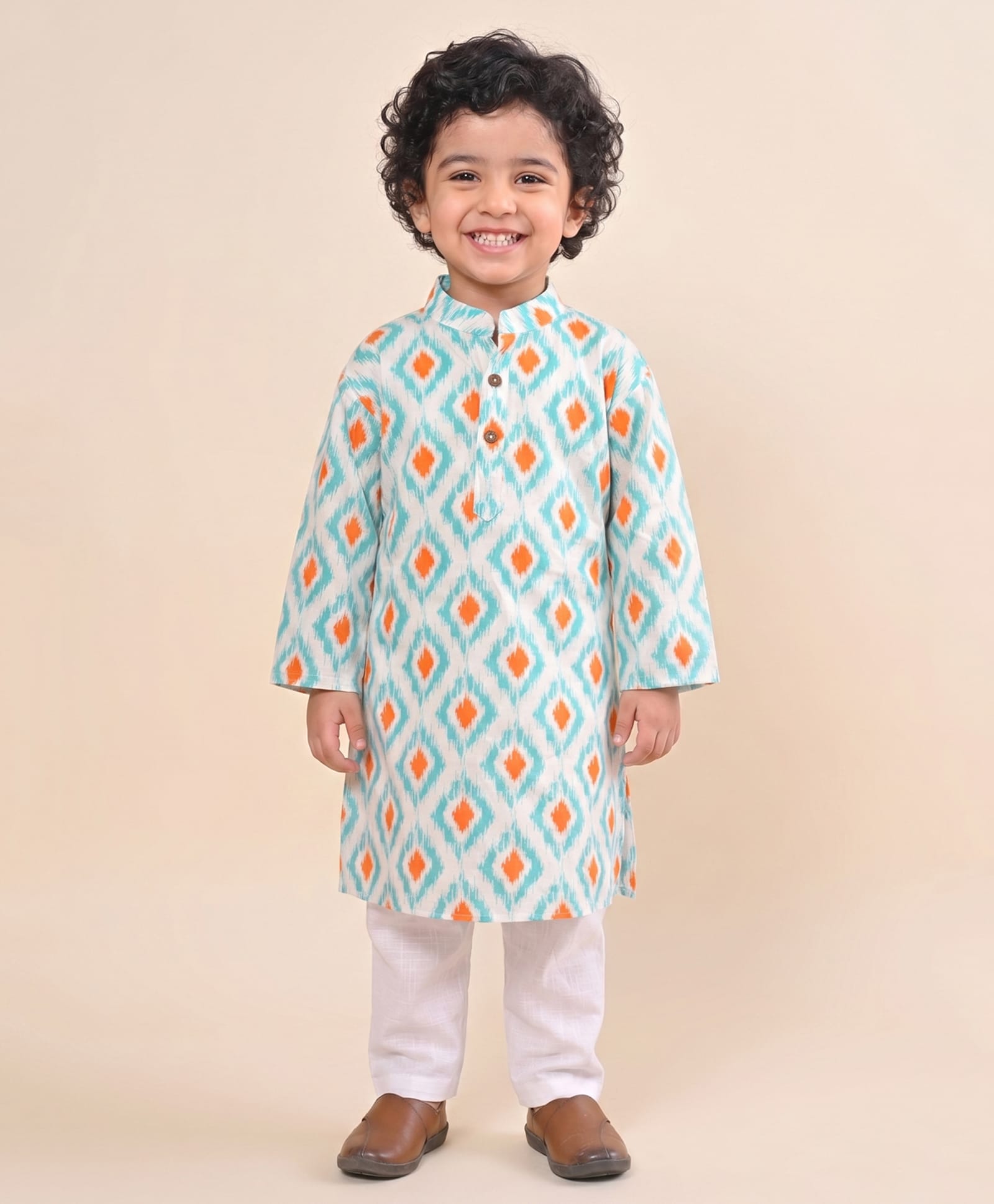 Kinder Kids Cotton Woven Full Sleeves Geometric Printed Kurta & Pyjama Set - Blue & White-image-26