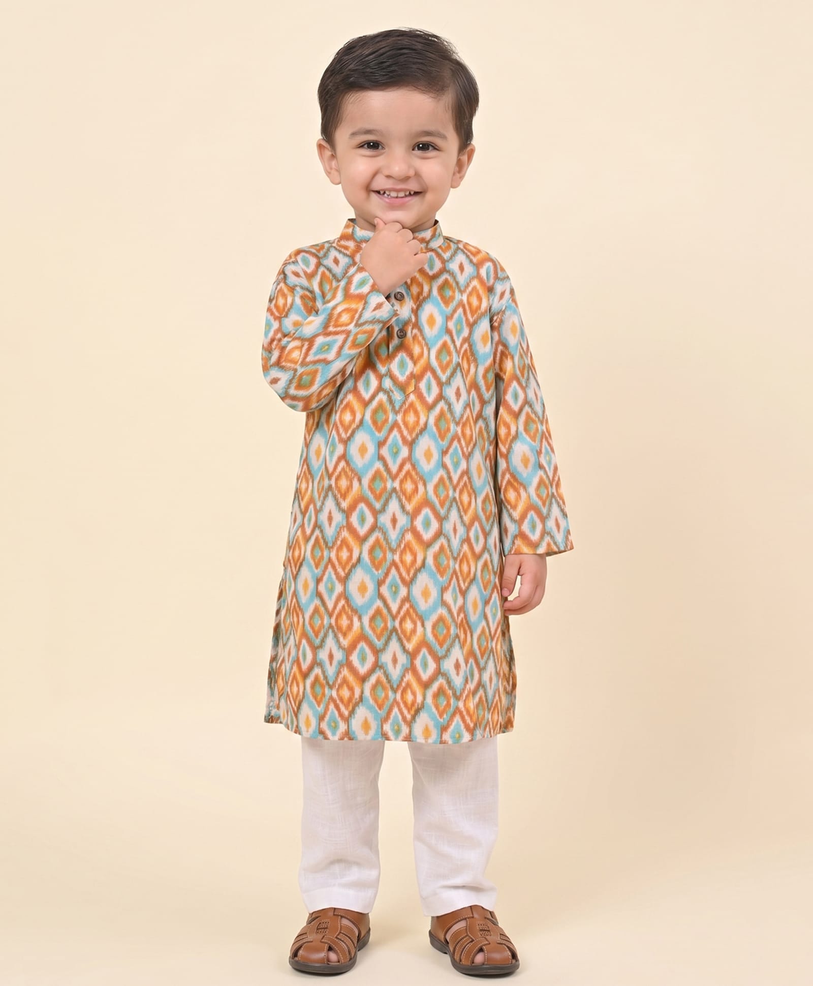Kinder Kids Cotton Woven Full Sleeves Geometric Printed Kurta & Pyjama Set - Brown & White-image-19