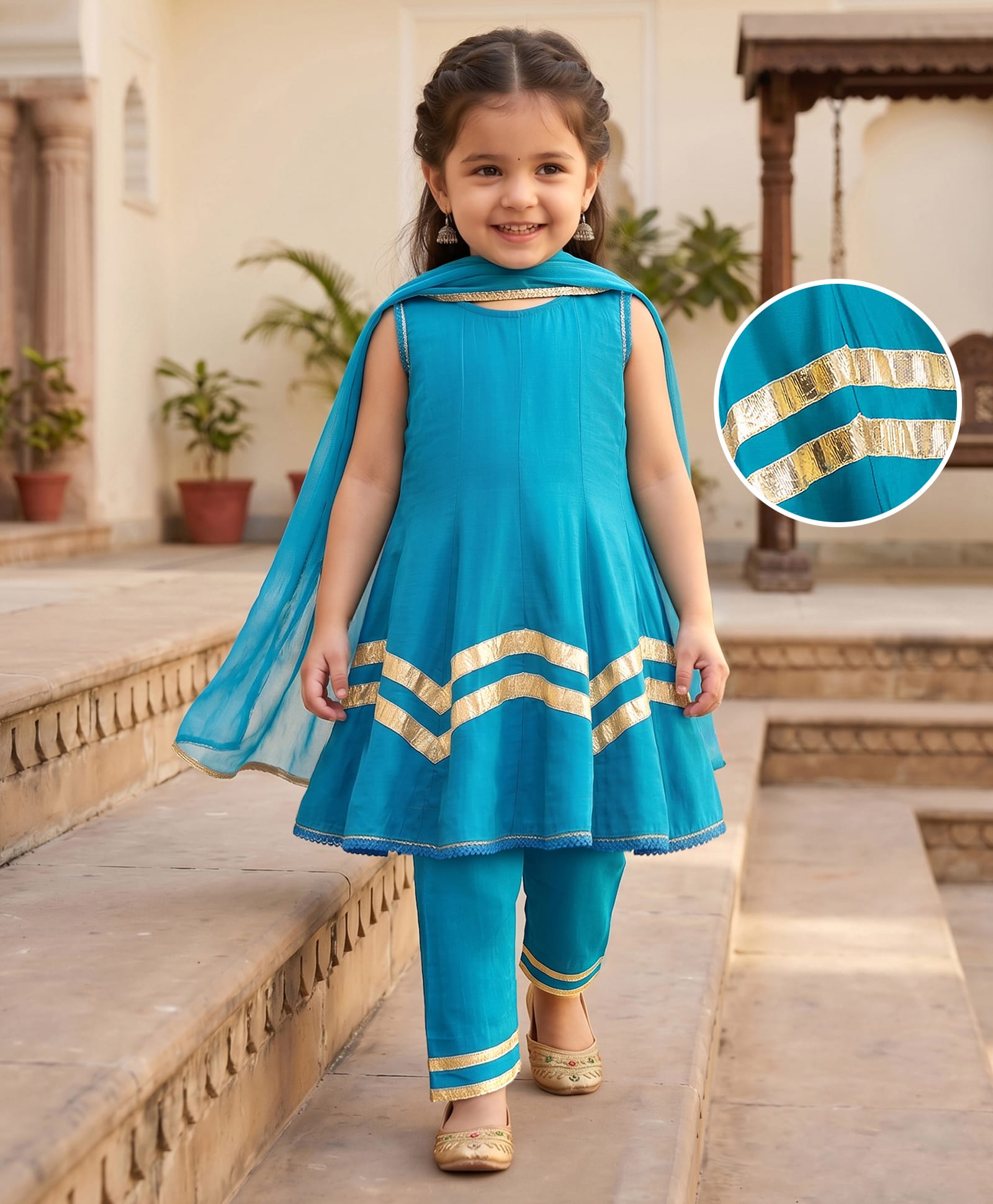 Babyhug Woven Sleeveless Solid Colour Kurti Churidar & Dupatta Set with Lace Detailing - Teal-image-2
