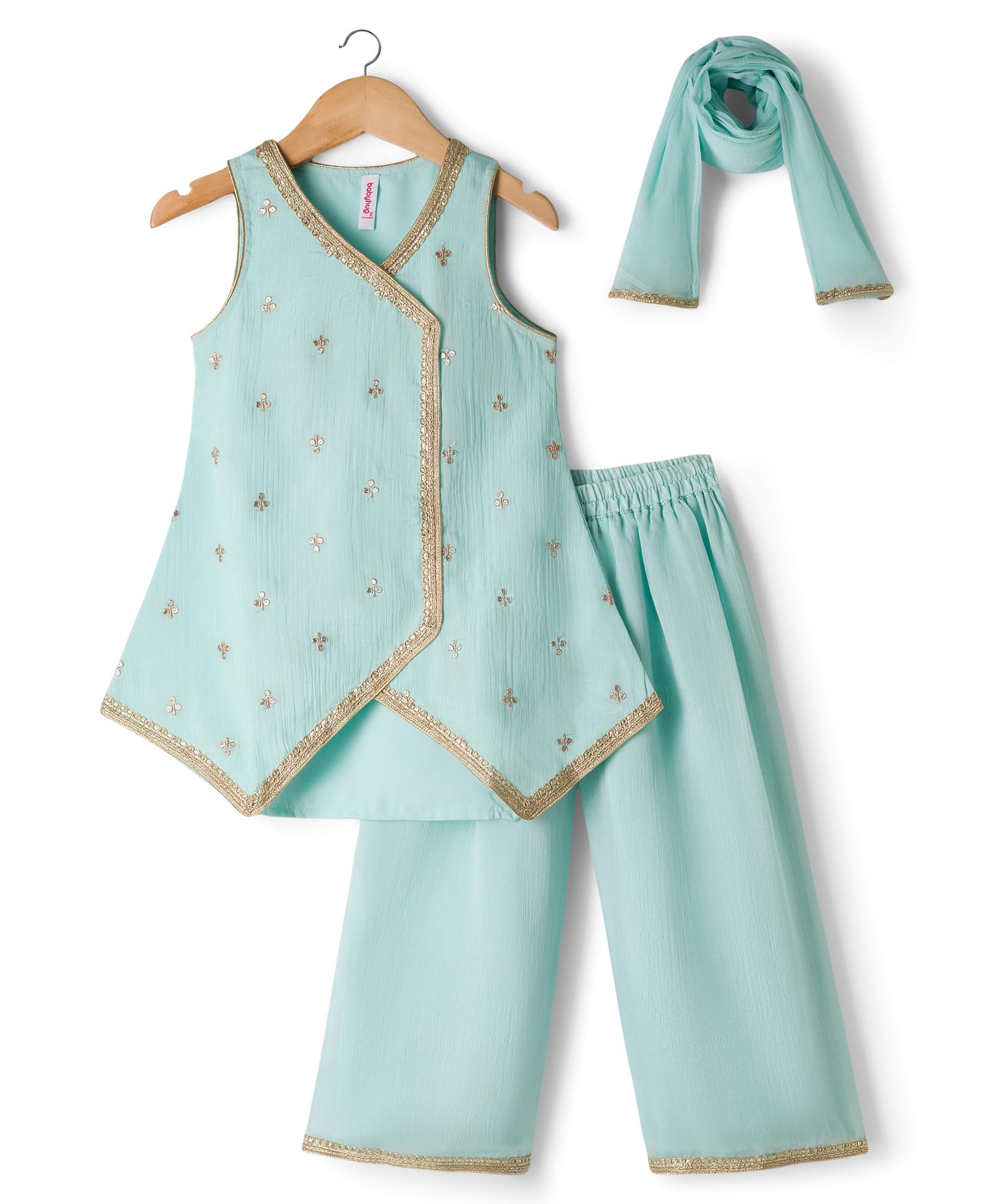 Babyhug Georgette Woven Sleeveless Embroidered & Sequinned Kurti Salwar with Dupatta - Sea Green-picture-24