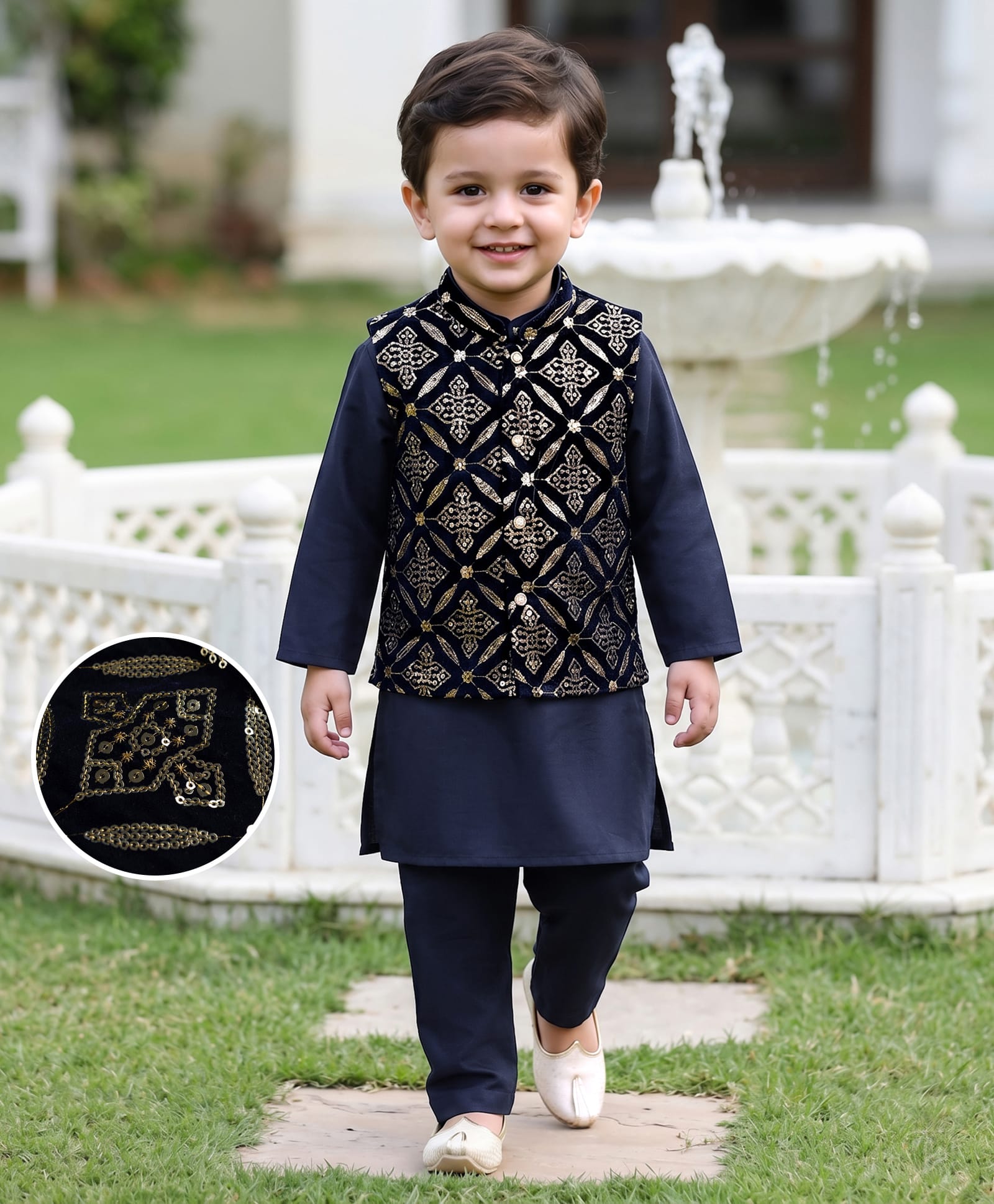 Babyhug Woven Full Sleeves Solid Kurta Pajama Set with Embroidered & Sequinned Jacket - Navy-picture-32