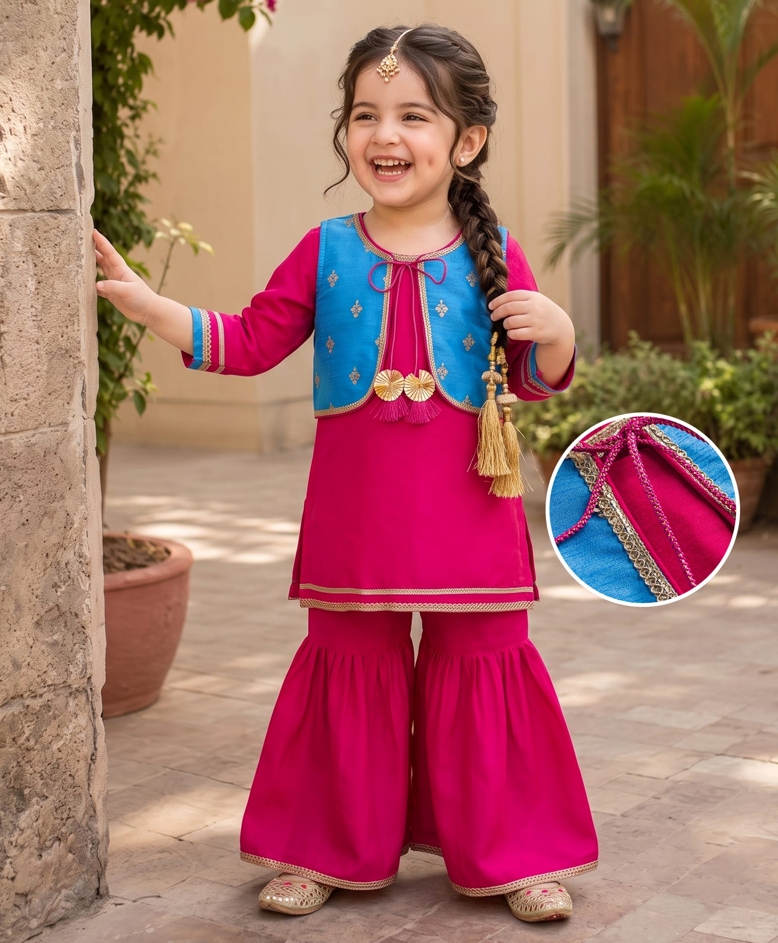 Babyhug Woven Three Fourth Sleeves Kurti Gharara Set with Embroidered & Sequinned Jacket - Dark Pink-image-39