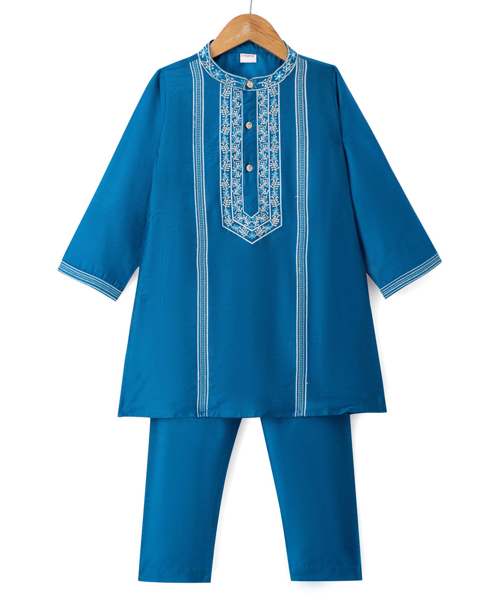 Babyhug Woven Full Sleeves Embroidered Kurta Pajama Set- Teal-image-39