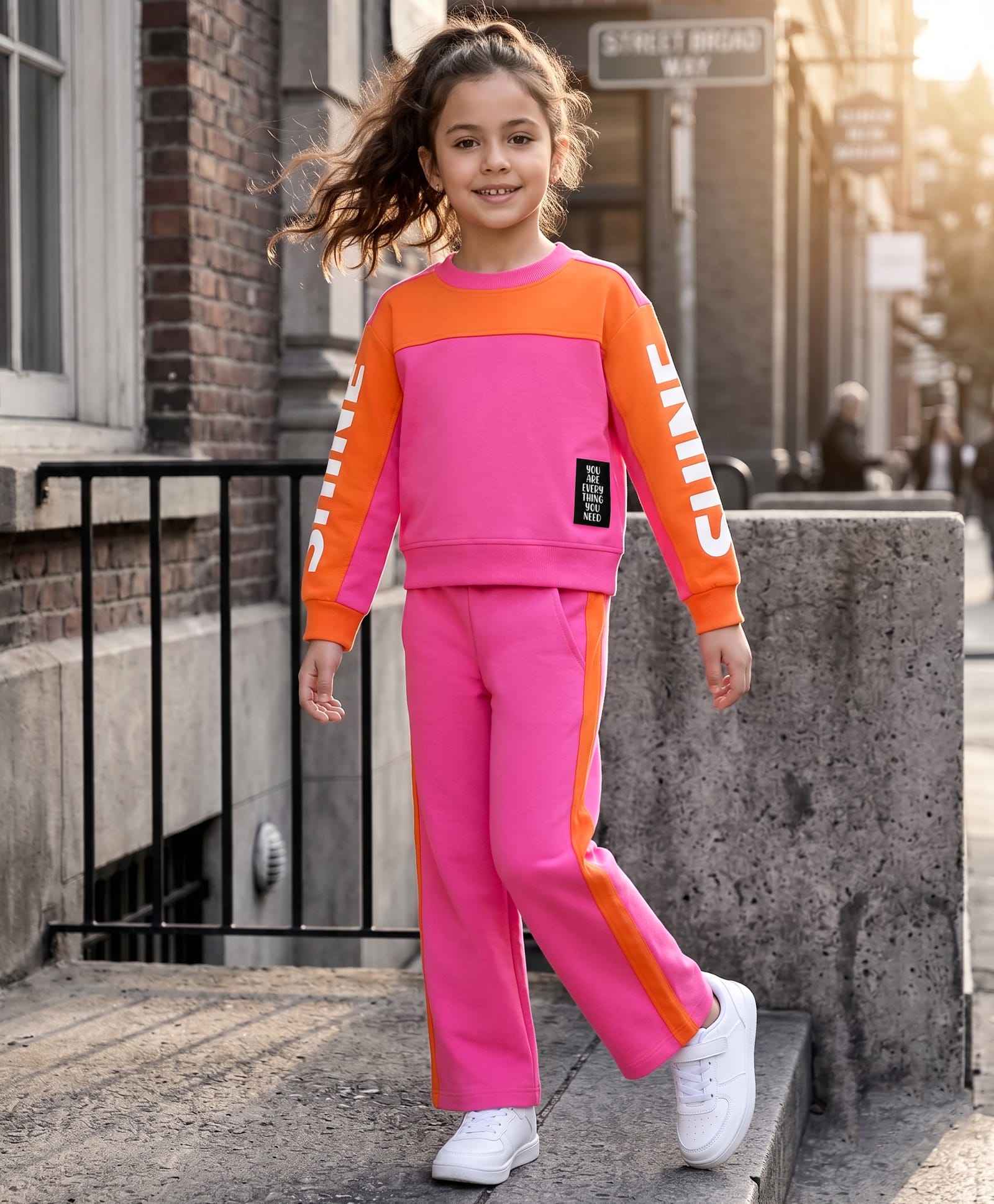 OLLINGTON ST. Set Of Knit Text Printed Winter Wear Sweatshirt & Pant Set - Orange & Pink-image-27