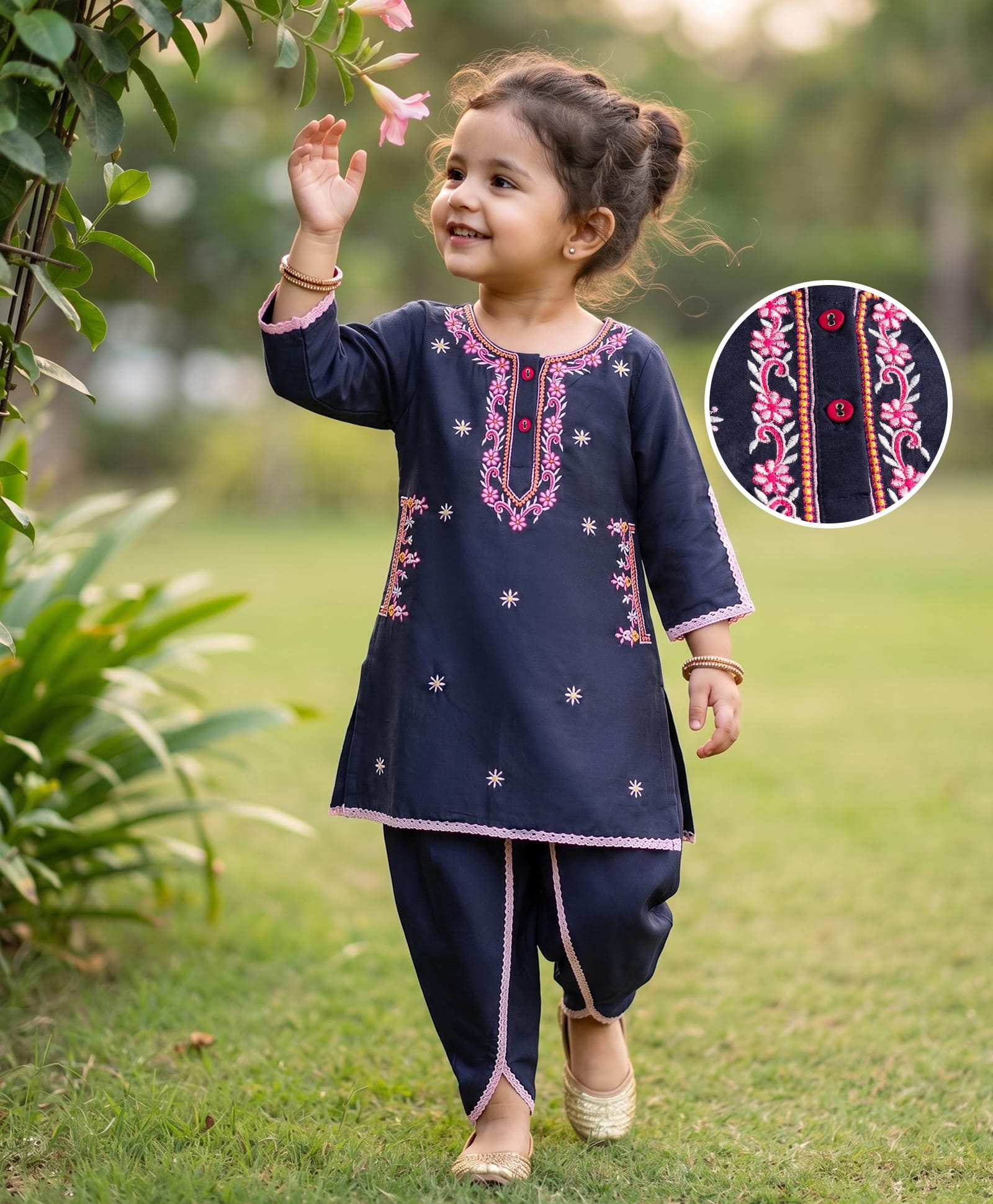 Babyhug Rayon Woven Three Fourth Sleeves Kurti Salwar Set with Floral Embroidery - Navy Blue-image-8