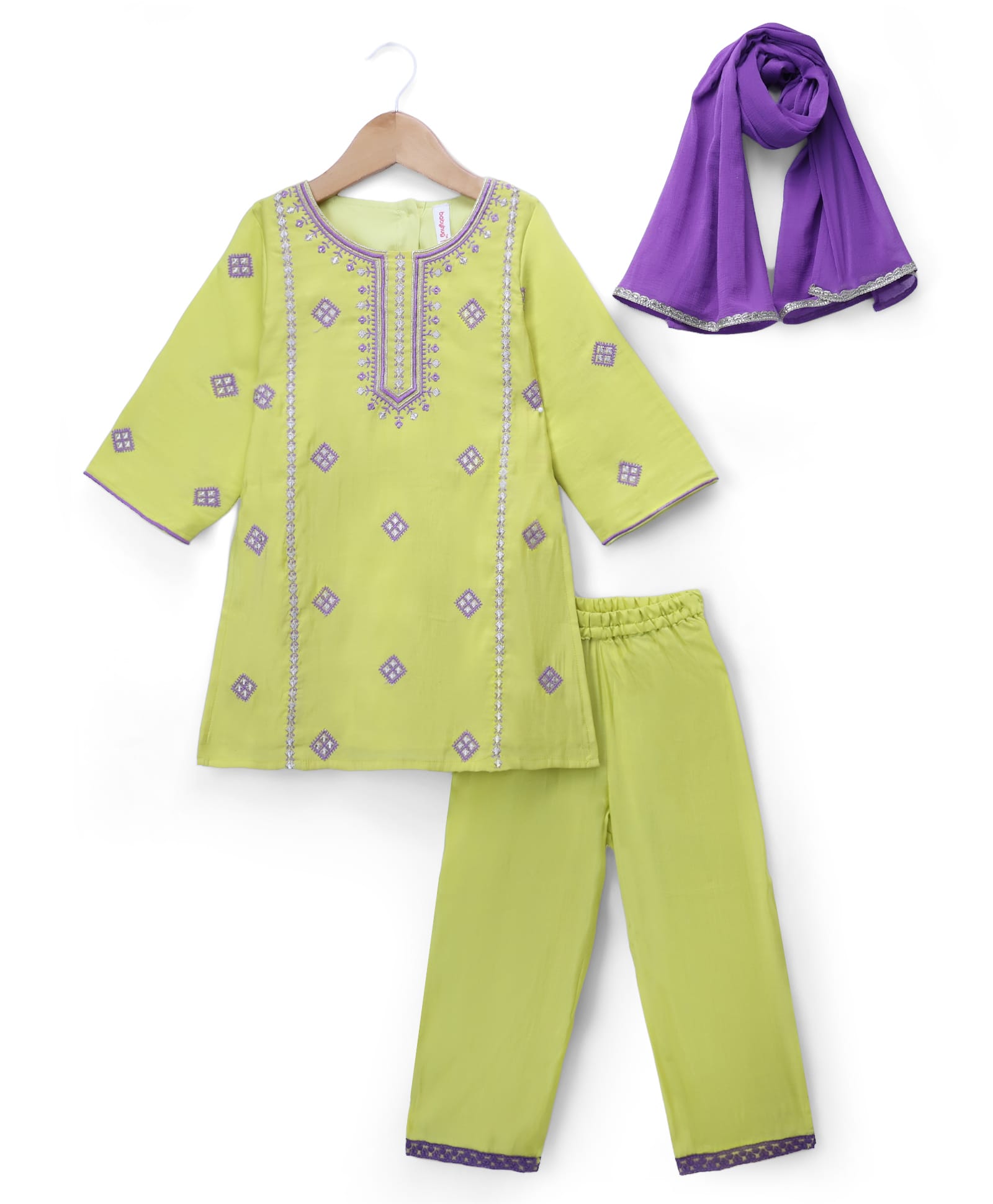 Babyhug Cotton Blend Woven Full Sleeves Floral Embroidered Kurti Palazo and Dupatta Set - Lime Green-picture-32