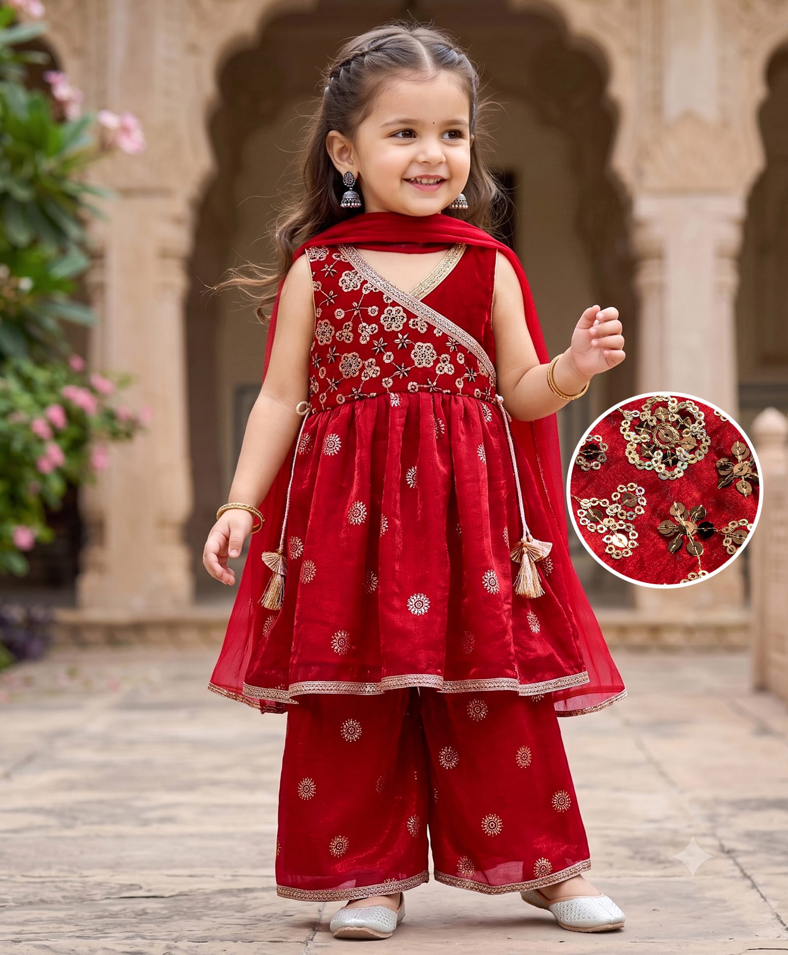 Babyhug Woven Sleeveless Embroidered & Sequinned Kurti Palazzo Set with Dupatta- Red-image-2